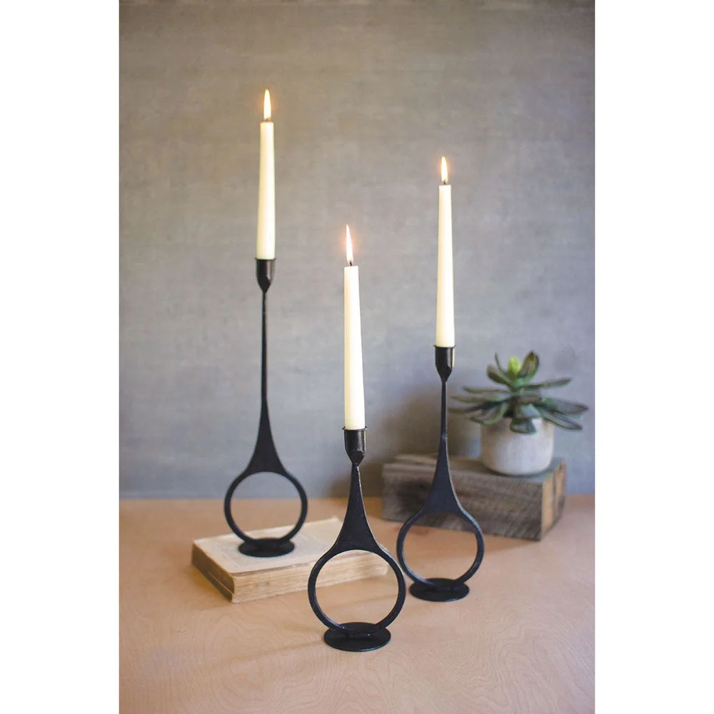 Set of 3 Cast Iron Taper Candle Holders with Ring Detail