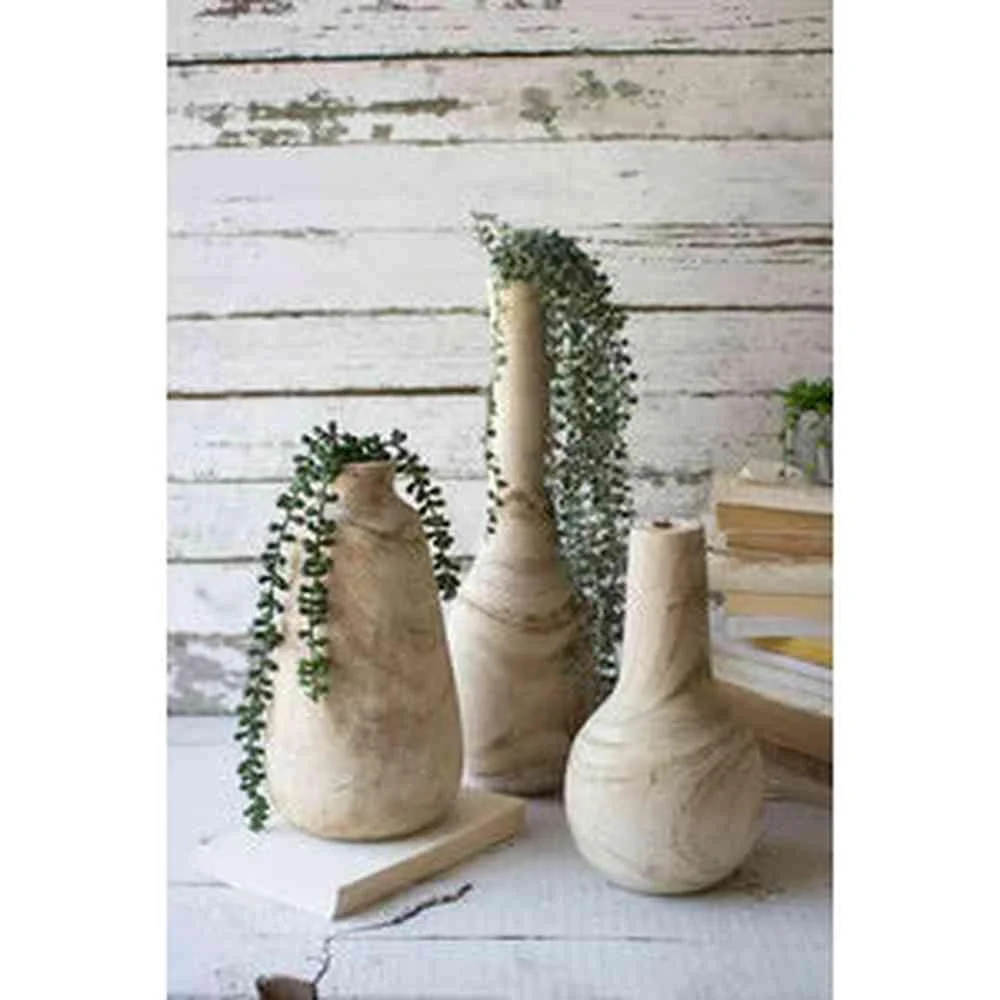 Set of 3 Hand-Carved Tall Wooden Bottles