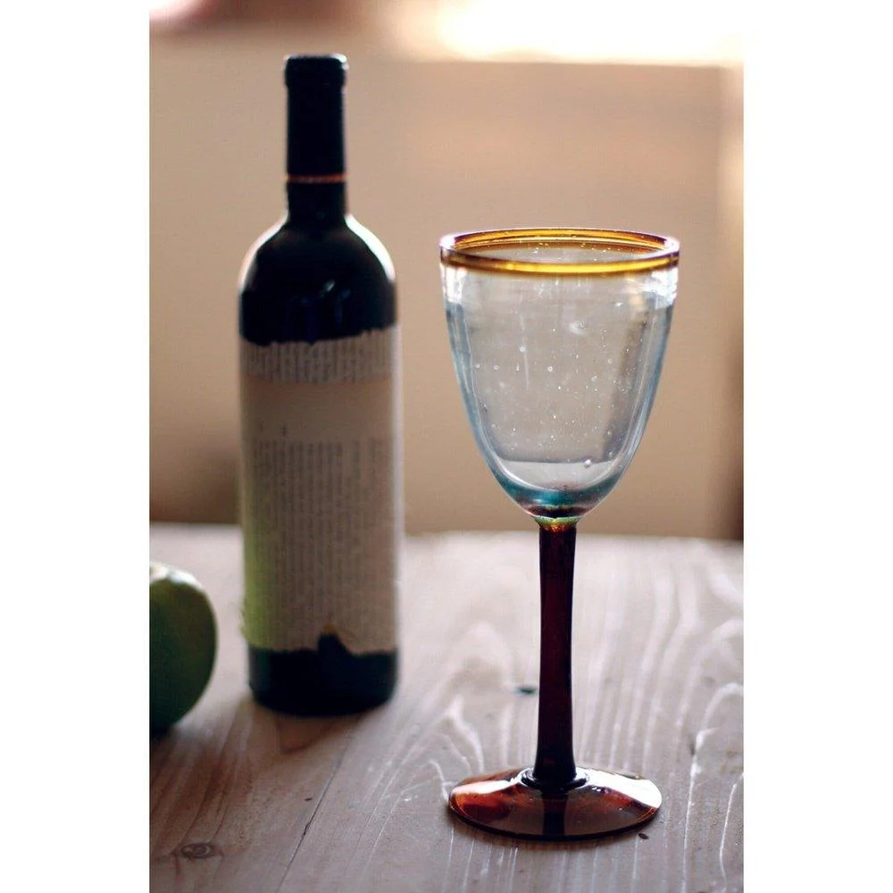 Set of Six Unique Recycled Stemmed Wine Glasses with Amber Rim