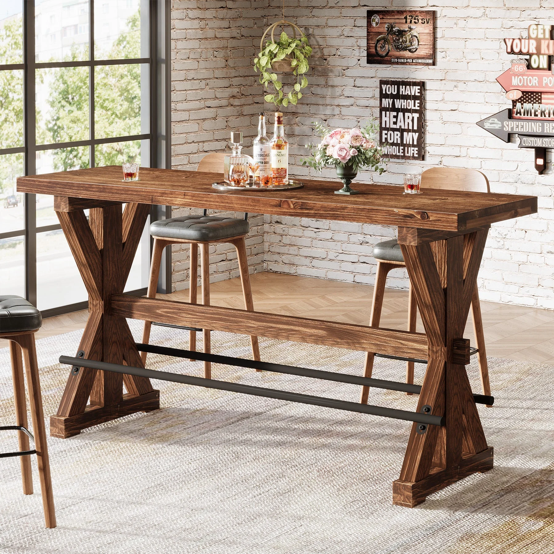 Solid Wood Bar Table, Rectangular Counter Height Pub Table With X-Base