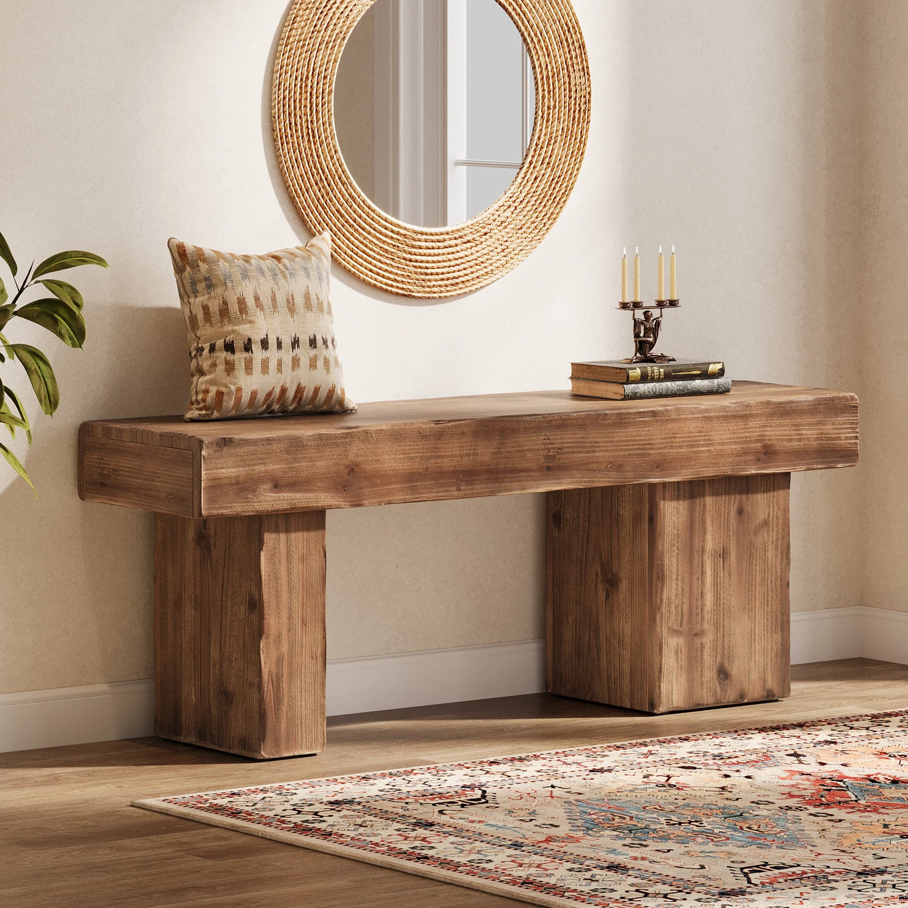 Solid Wood Bench, 47" Farmhouse Entryway Bench with Artistic Legs
