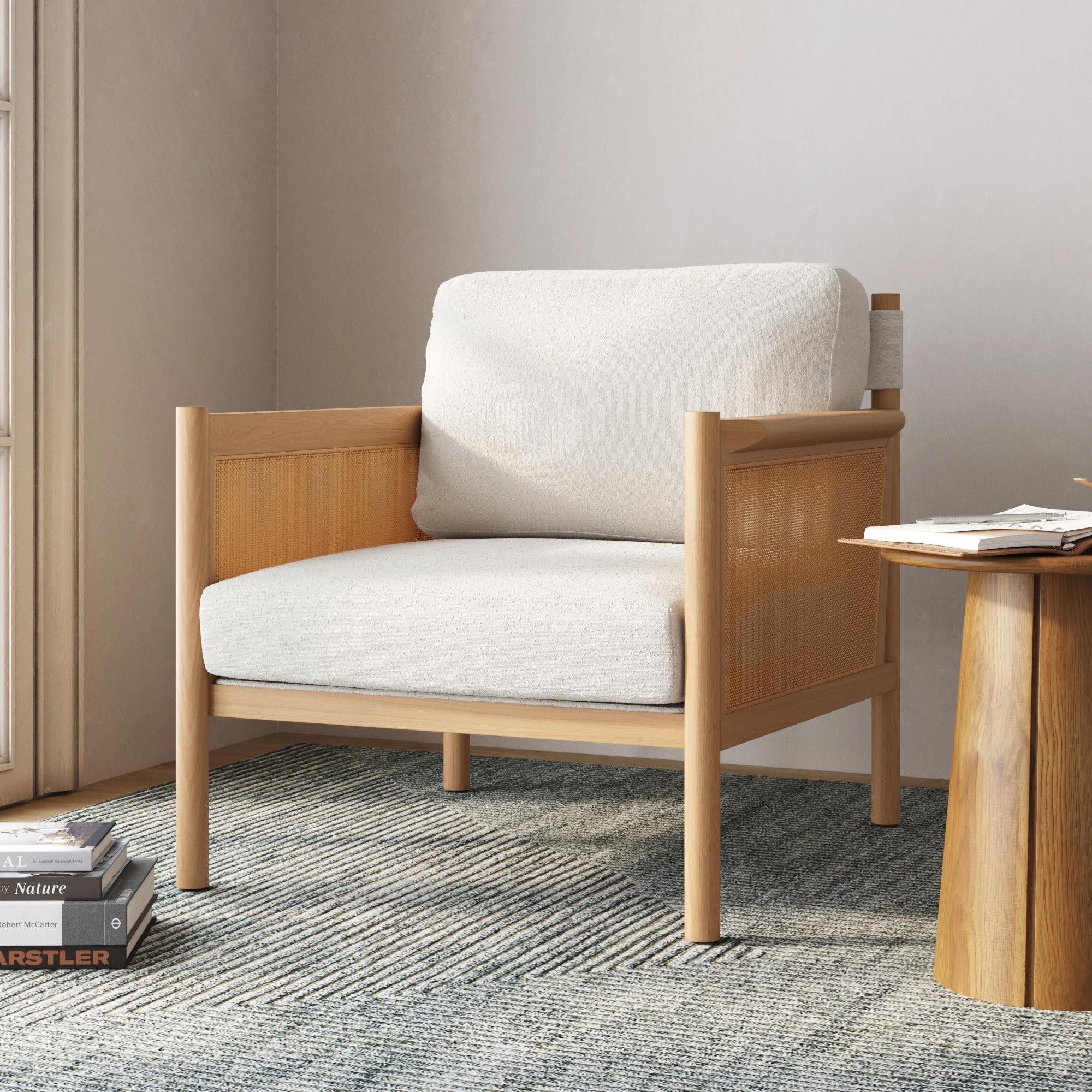 Solid Wood Boucle Accent Chair Rattan Arm Cream/Raw Oak