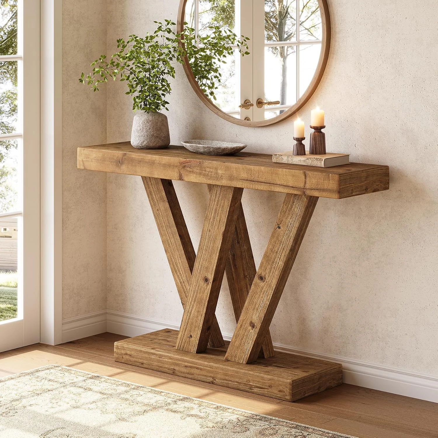 Solid Wood Console Table, 47.2" Farmhouse Sofa Table with Double V-Shape Base