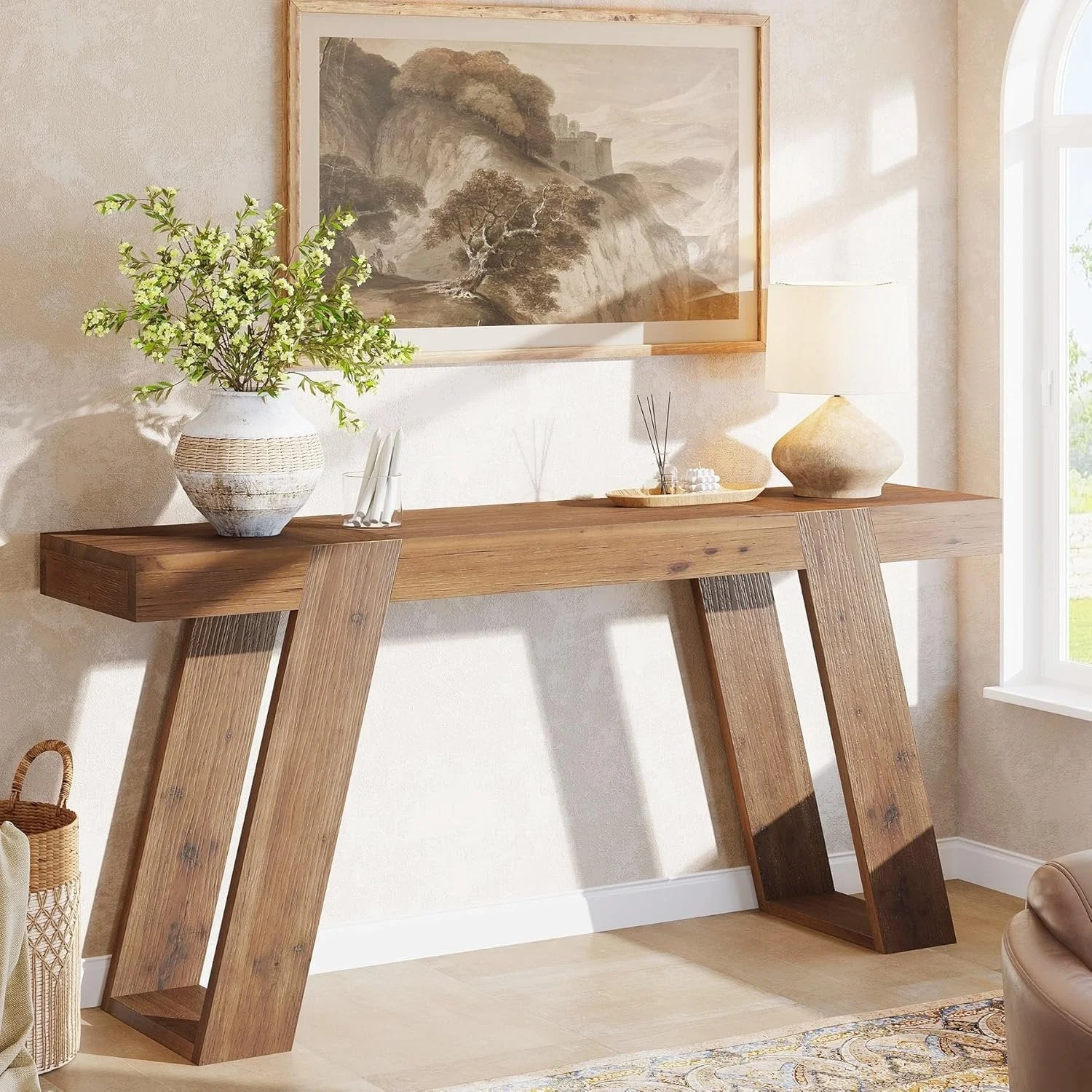 Solid Wood Console Table, 63" Narrow Sofa Table Behind Couch