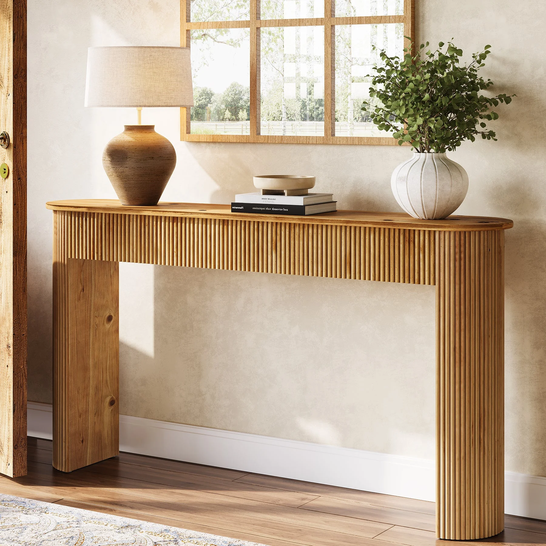 Solid Wood Console Table, 63" Retro Entryway Table with Vertical Fluted Stripes