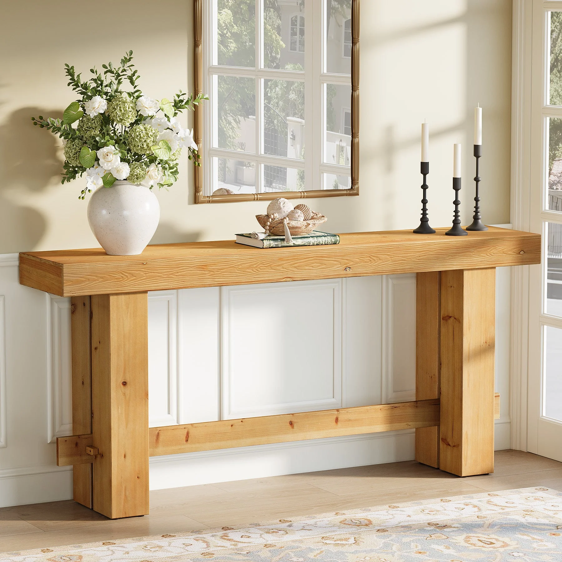 Solid Wood Console Table, 63" SofaEntryway Table with Stable Leg