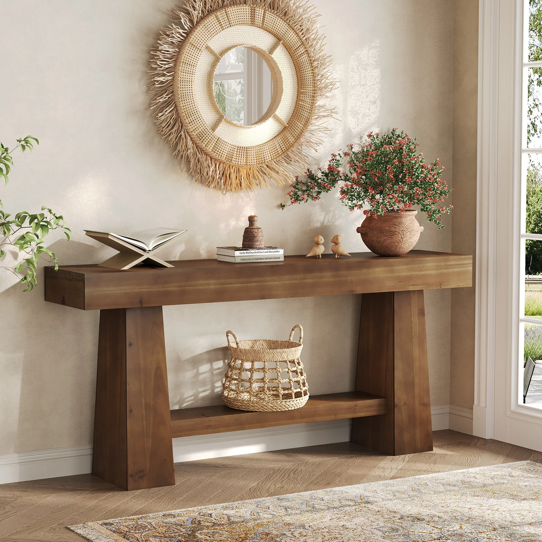 Solid Wood Console Table, 63" Wooden Entryway Sofa Table with Storage