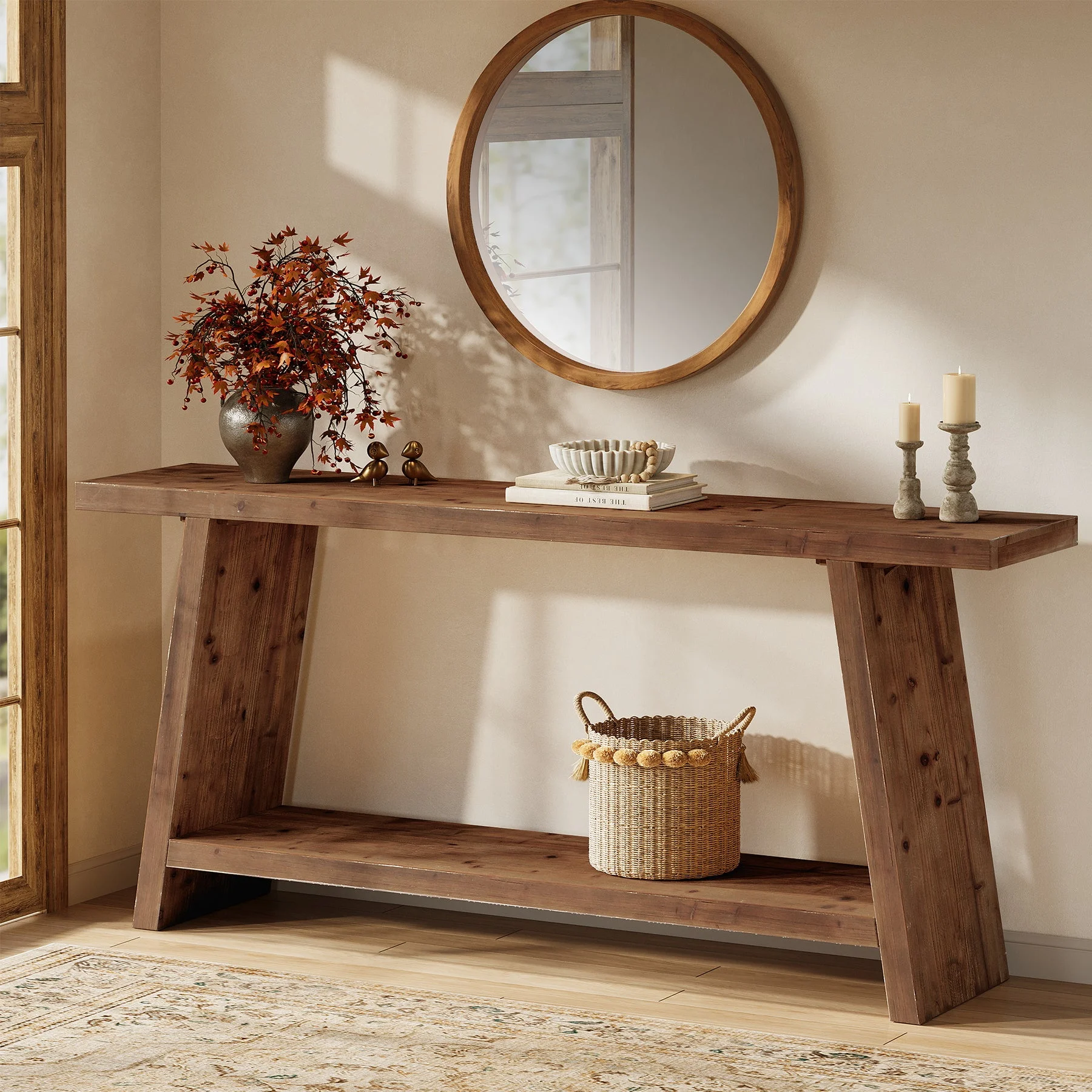 Solid Wood Console Table, 70.9" Sofa Table Behind Couch with 2-Tier Storage
