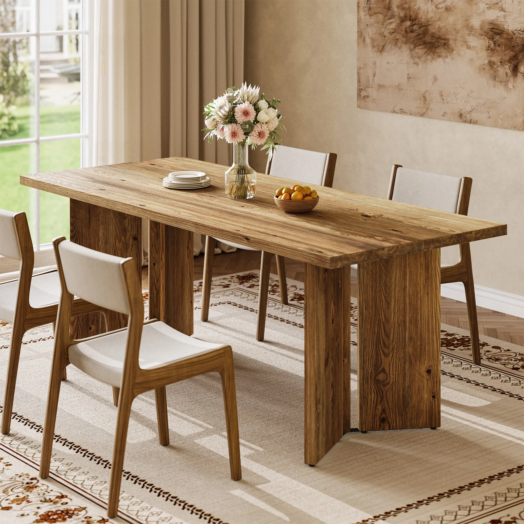 Solid Wood Dining Table, 63" Farmhouse Long Kitchen Table