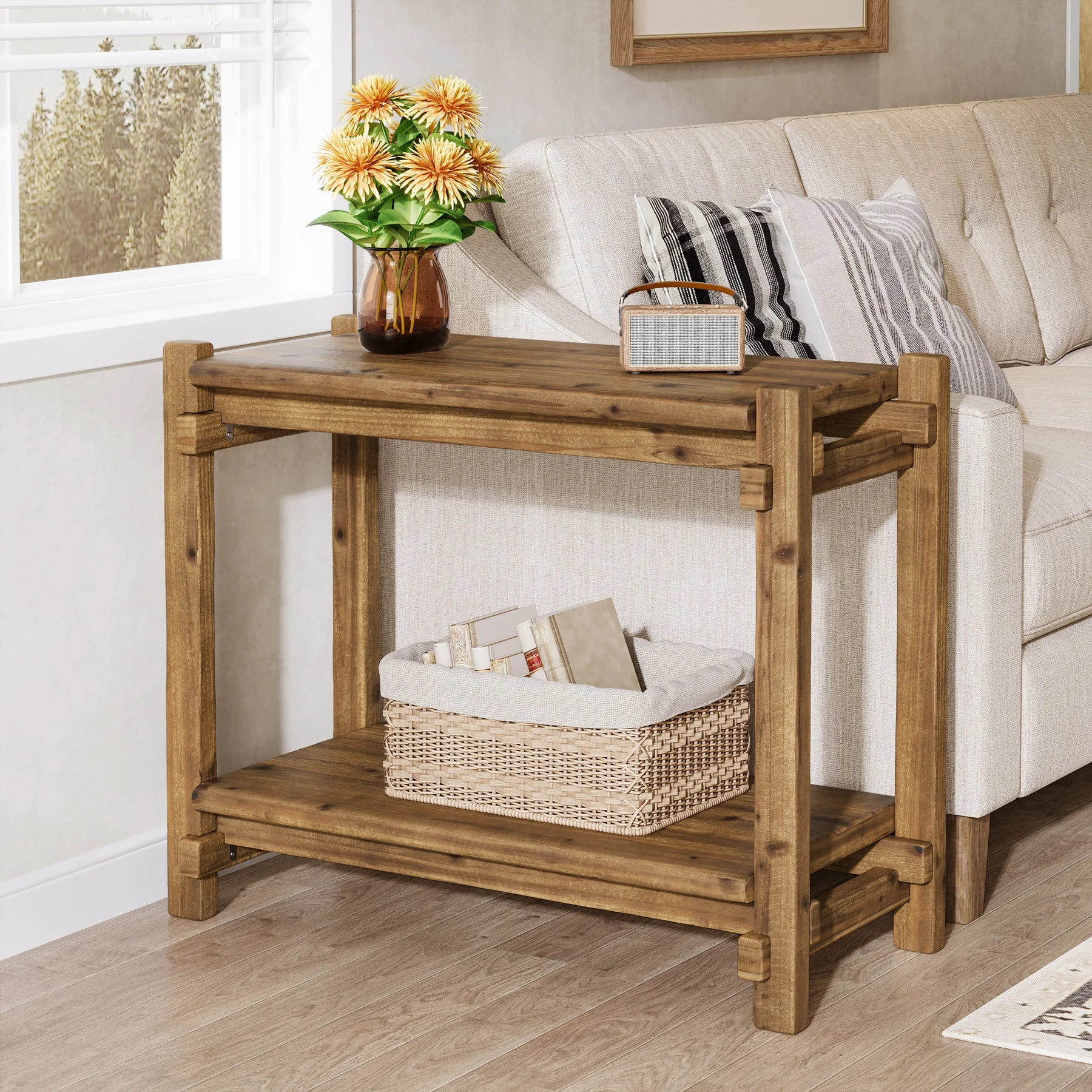 Solid Wood End Table, 2-Tier Narrow Side Table with Storage Shelf