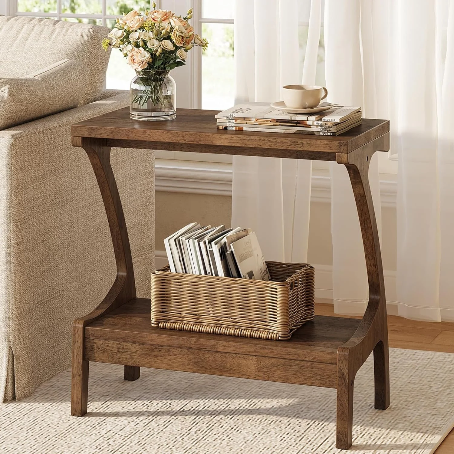 Solid Wood End Table, Narrow Side Table with 2-Tier Storage Shelf