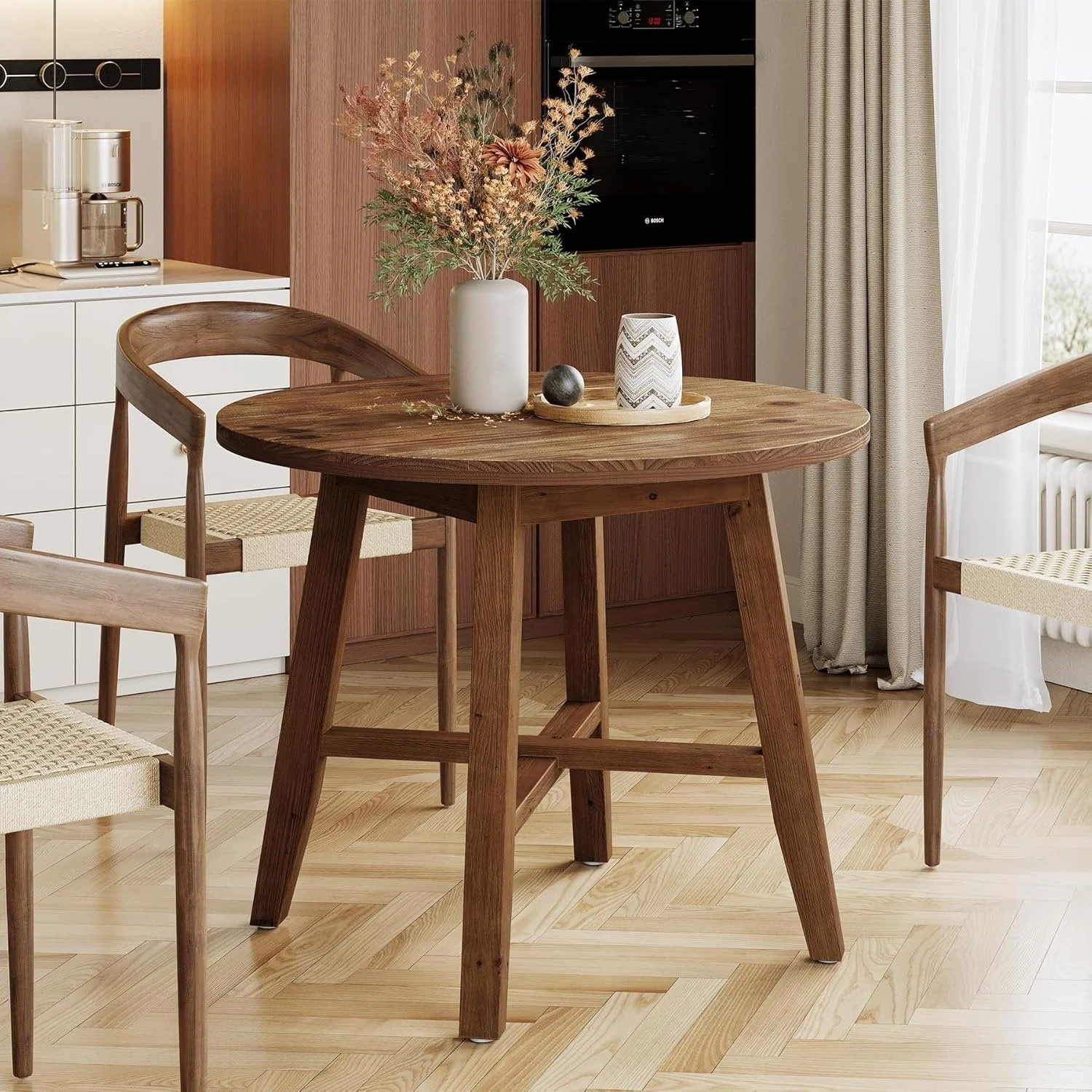 Solid Wood Round Dining Table, 31.5" Farmhouse Kitchen Table for 2-4