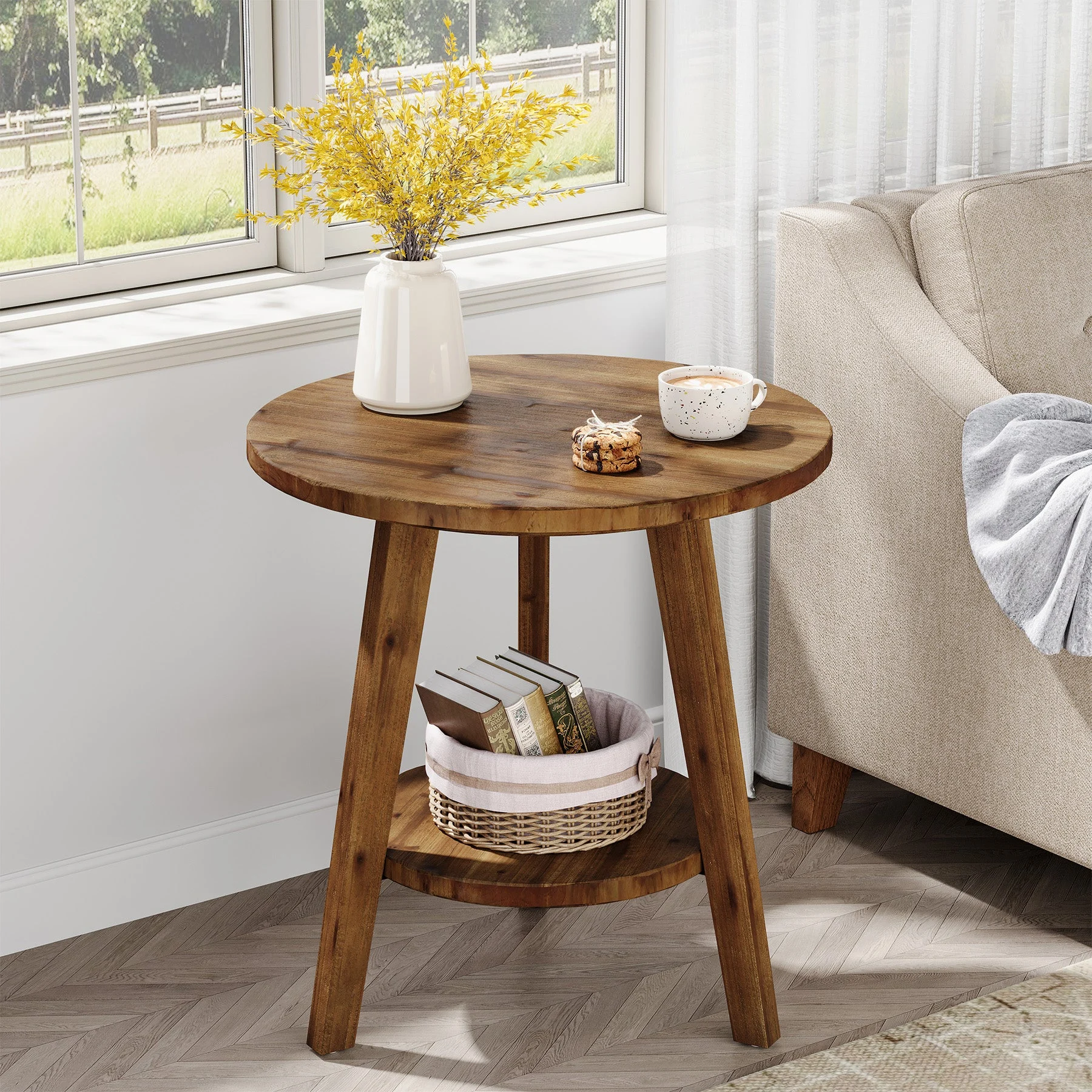 Solid Wood Round End Table, Farmhouse Sofa Side Table with Storage Shelf