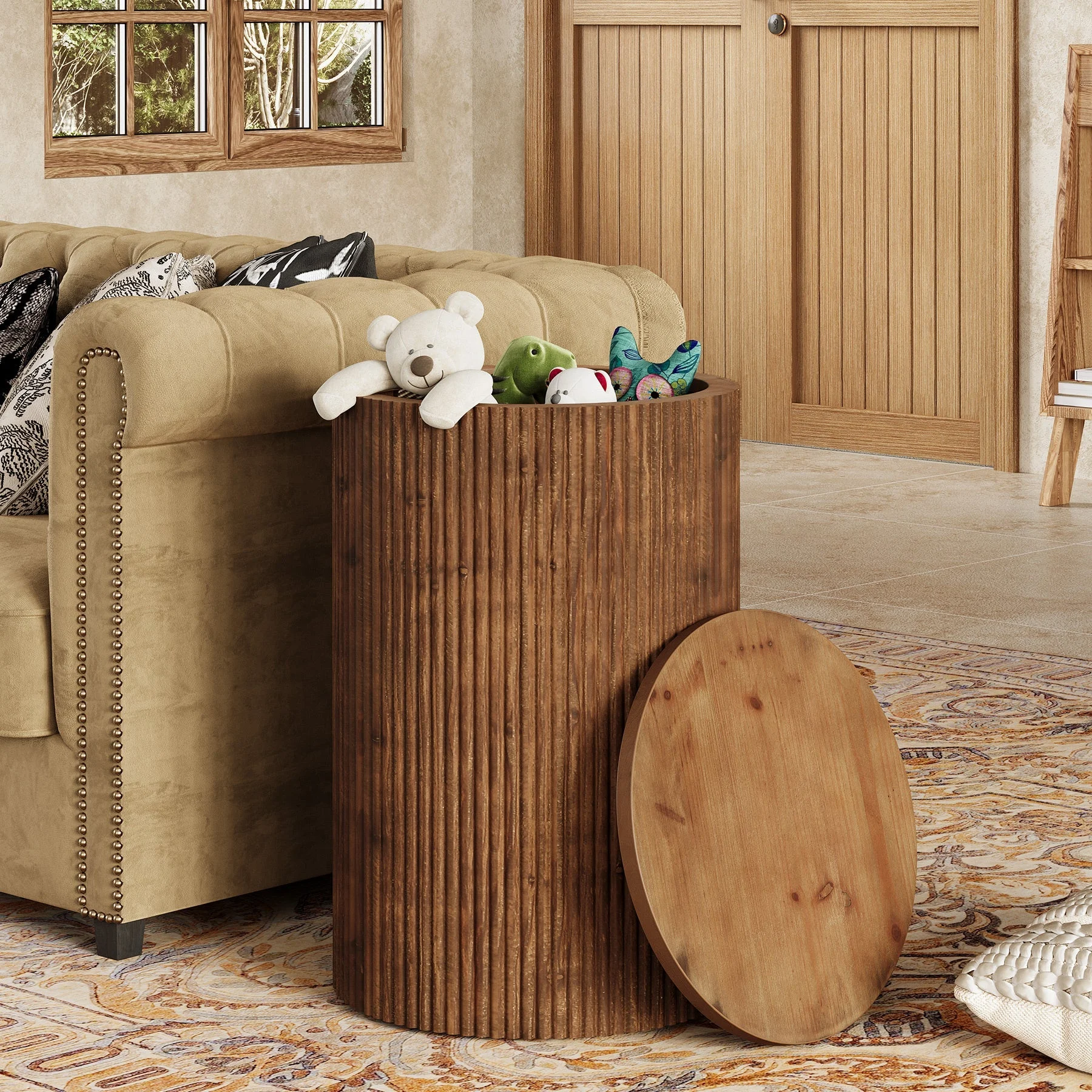 Solid Wood Round Side Table, No-Assembly Fluted End Table with Storage & 4 Wheels