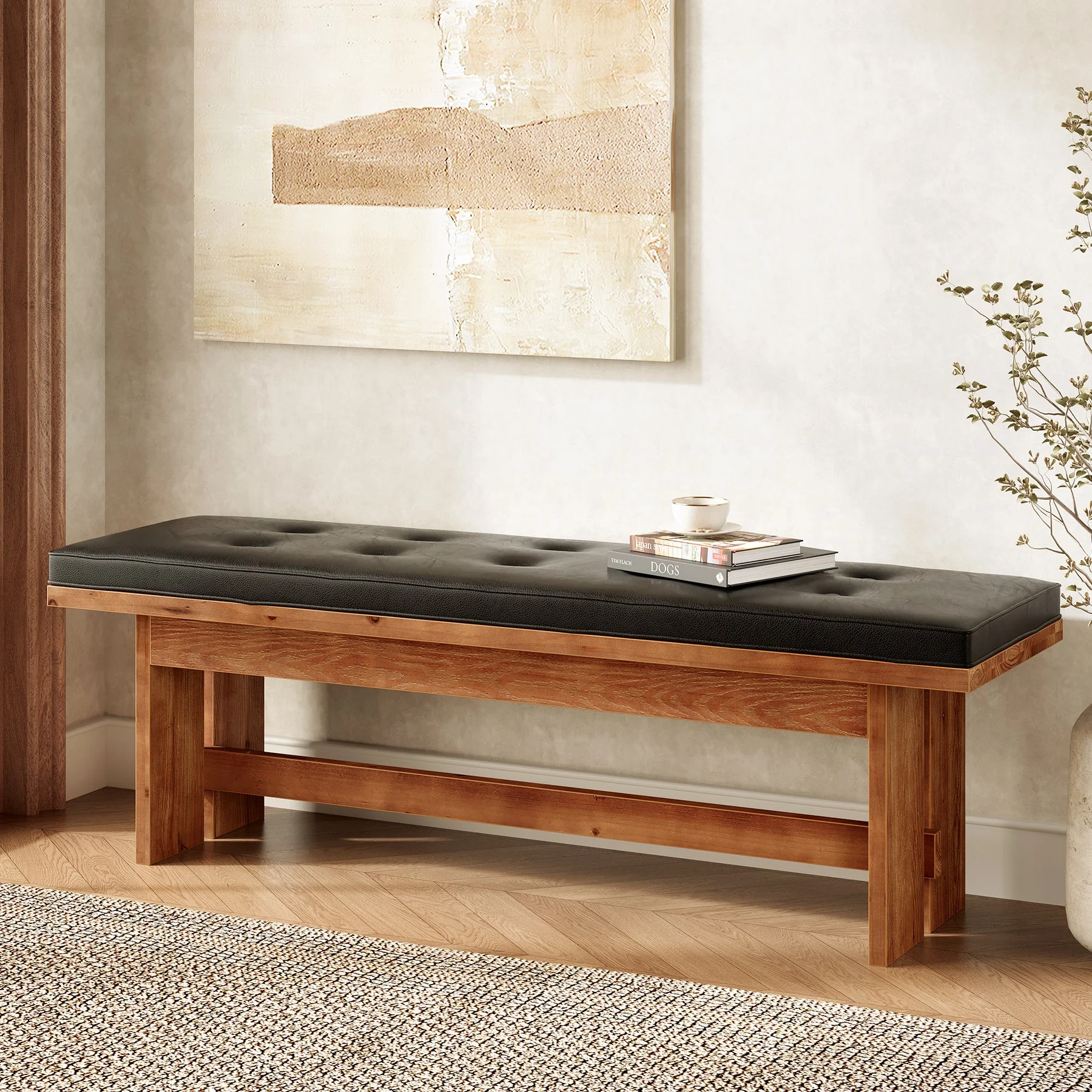 Solid Wood Shoe Bench with Cushion, 55" Upholstered Entryway Bench