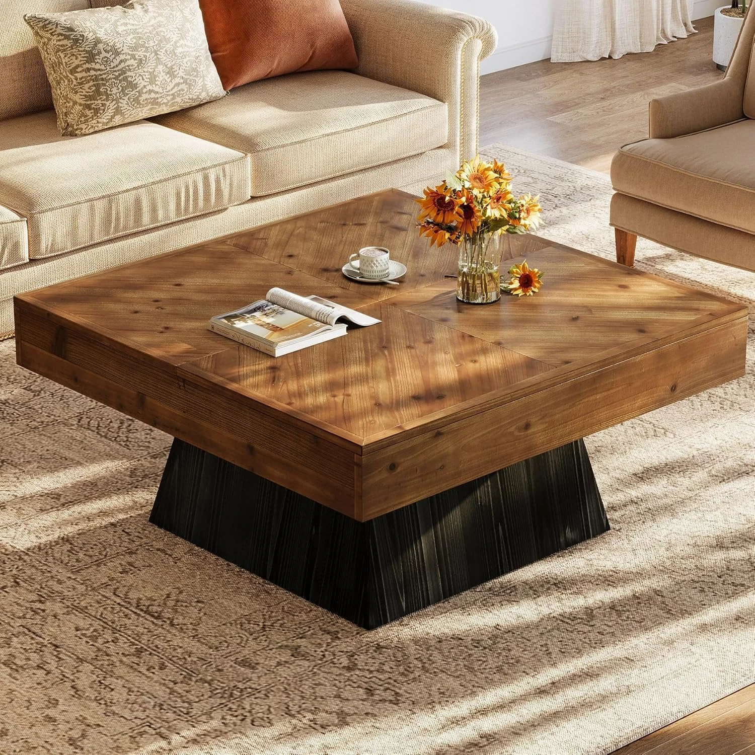 Solid Wood Square Coffee Table, 39.4" Center Cocktail Table with Geometric Base