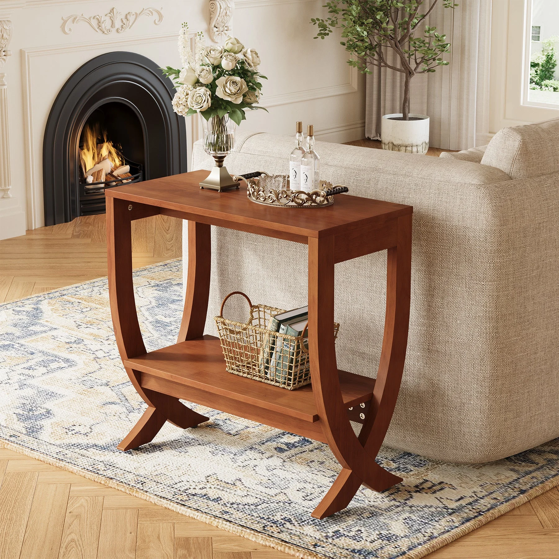 SolidWood End Table, 2-Tier Couch Side Table with Arched Legs