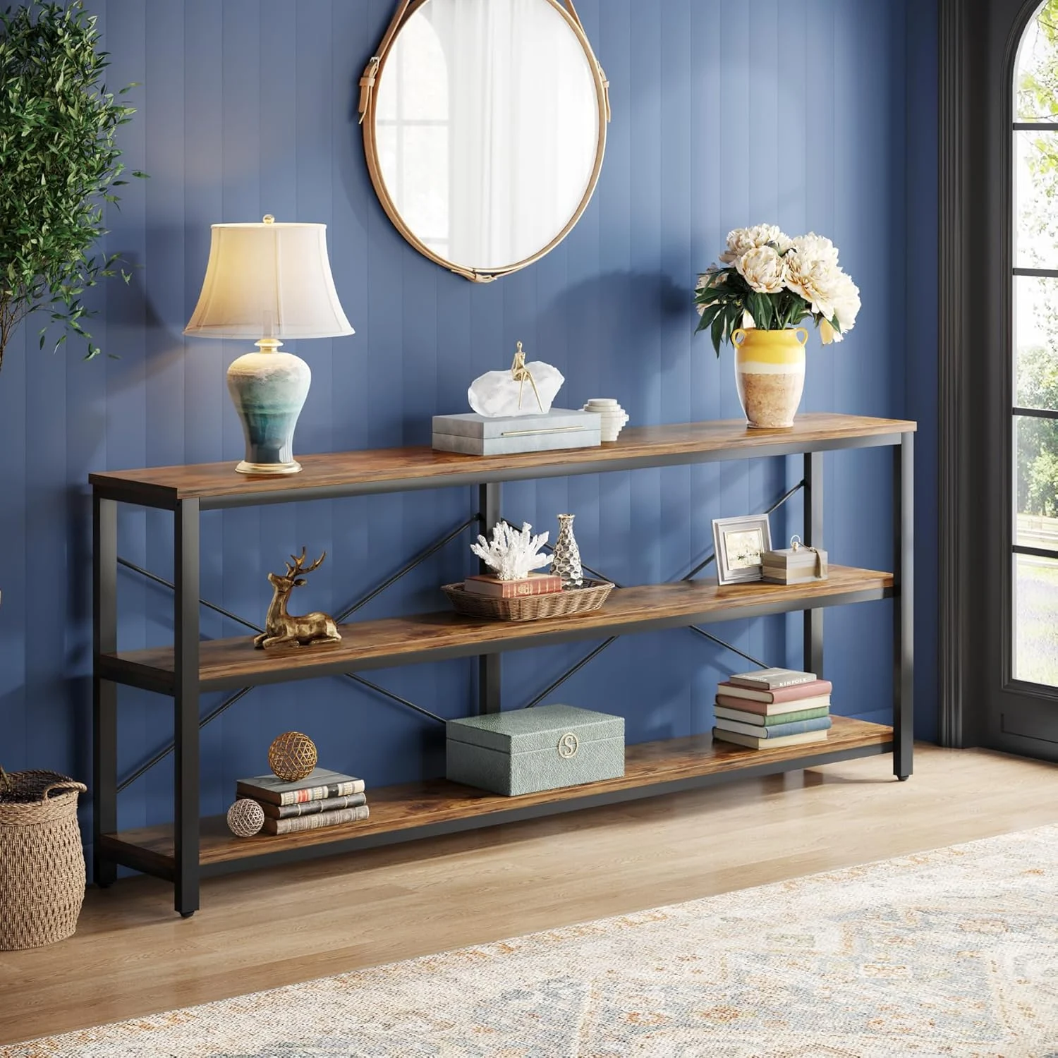 Tribesigns 70.9-Inch Extra Long Console Table, 3-Tier Industrial Sofa Table with Storage