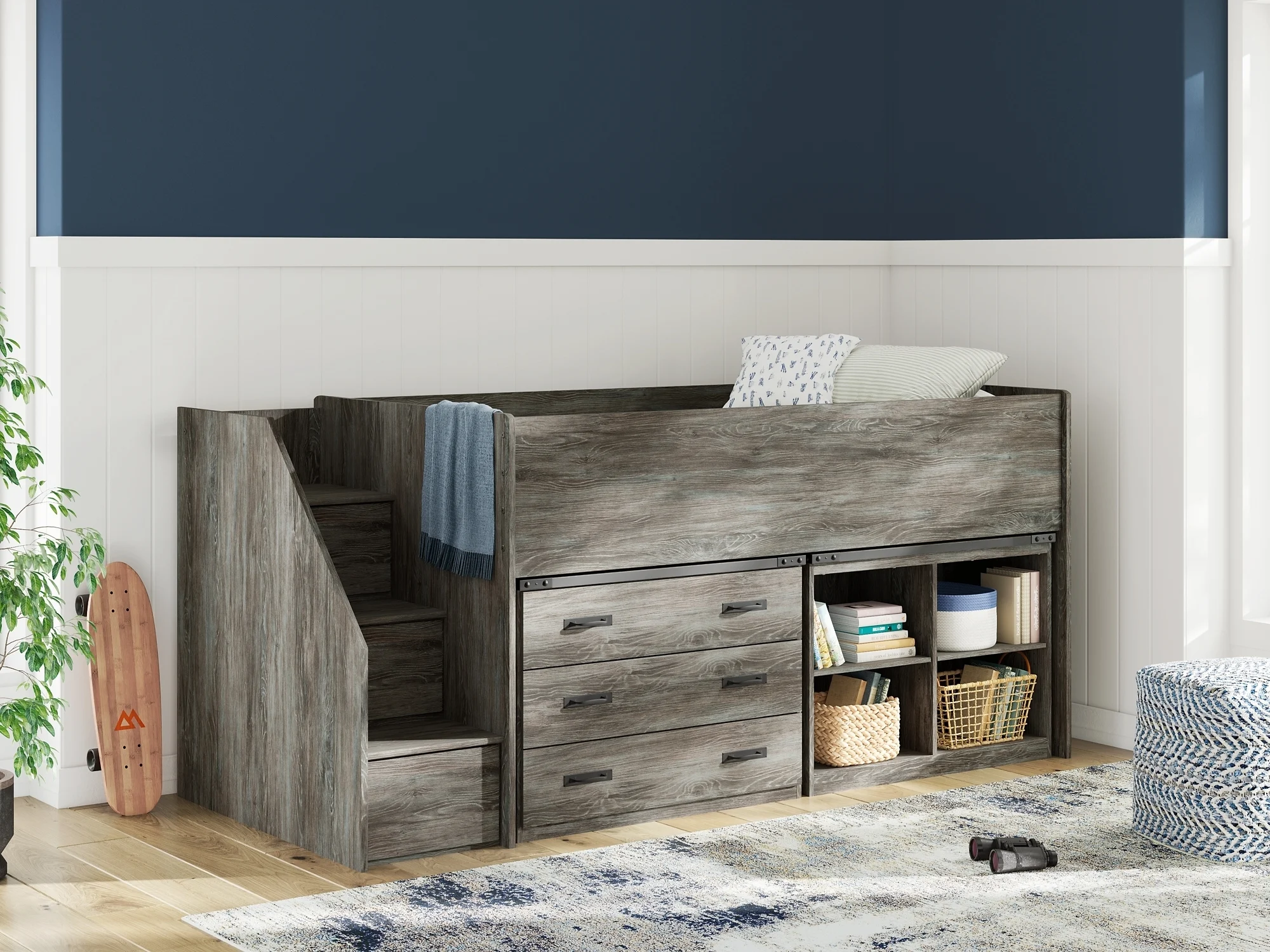 Twin Loft Bed with Bookcase and Drawer Storage