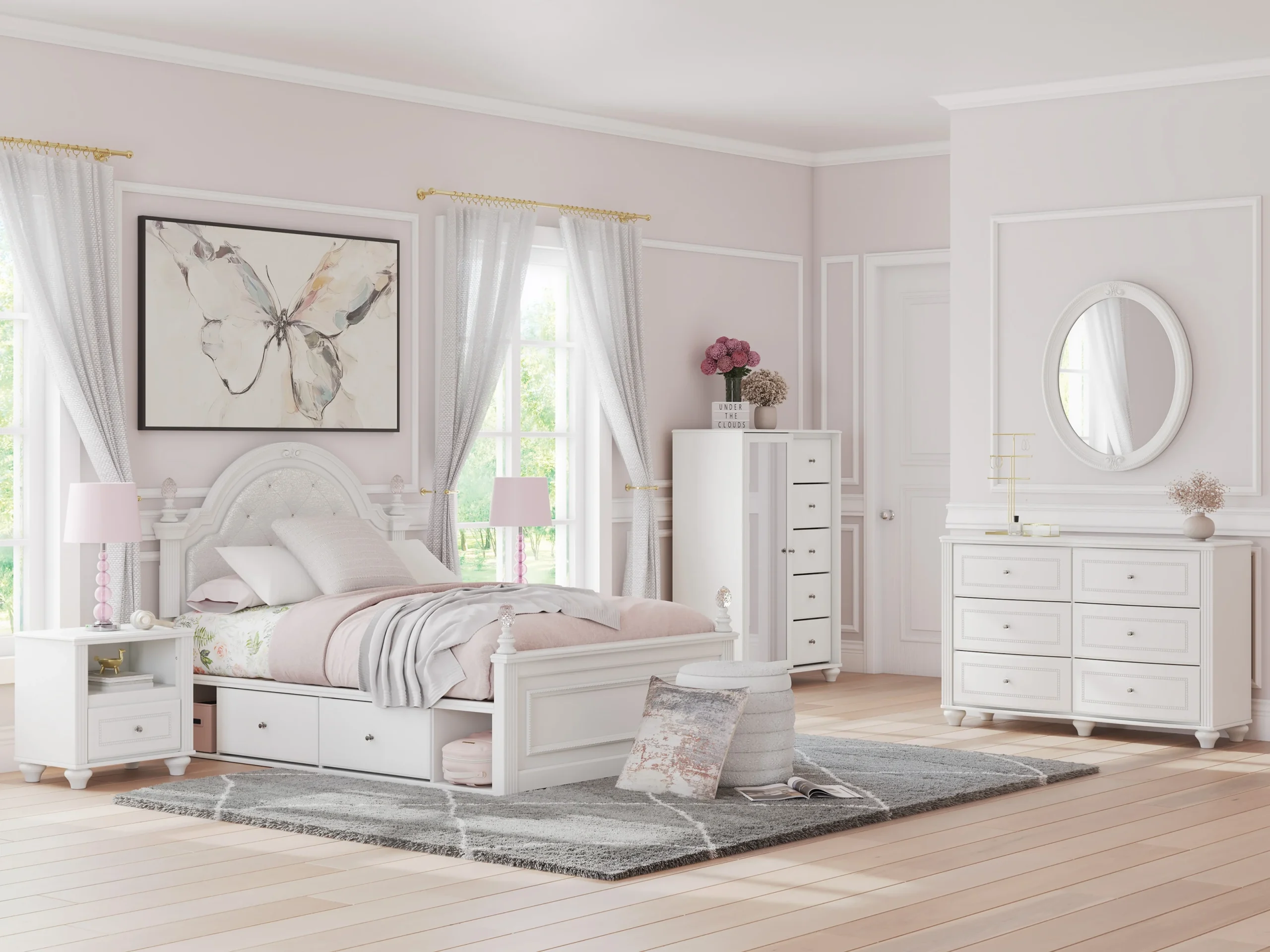 Twin Panel Storage Bedroom Set - Headboard, Footboard, Rails, Dresser, Mirror & Nightstand