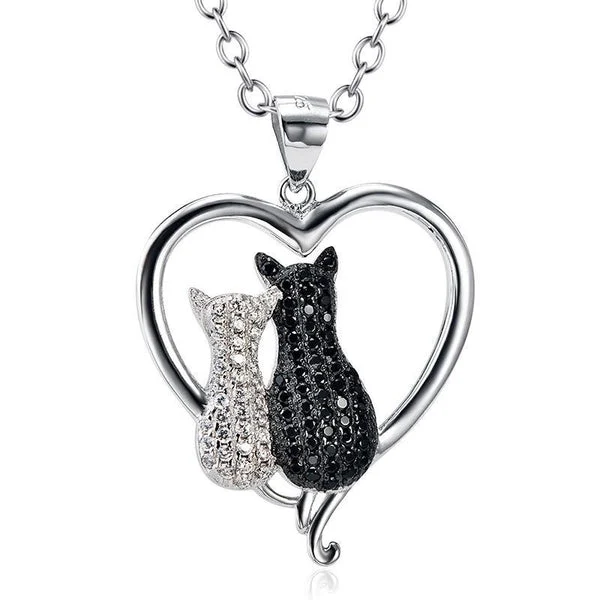 Two Cats in a Heart Necklace in 925 Silver, Darling!White and Black Kitties