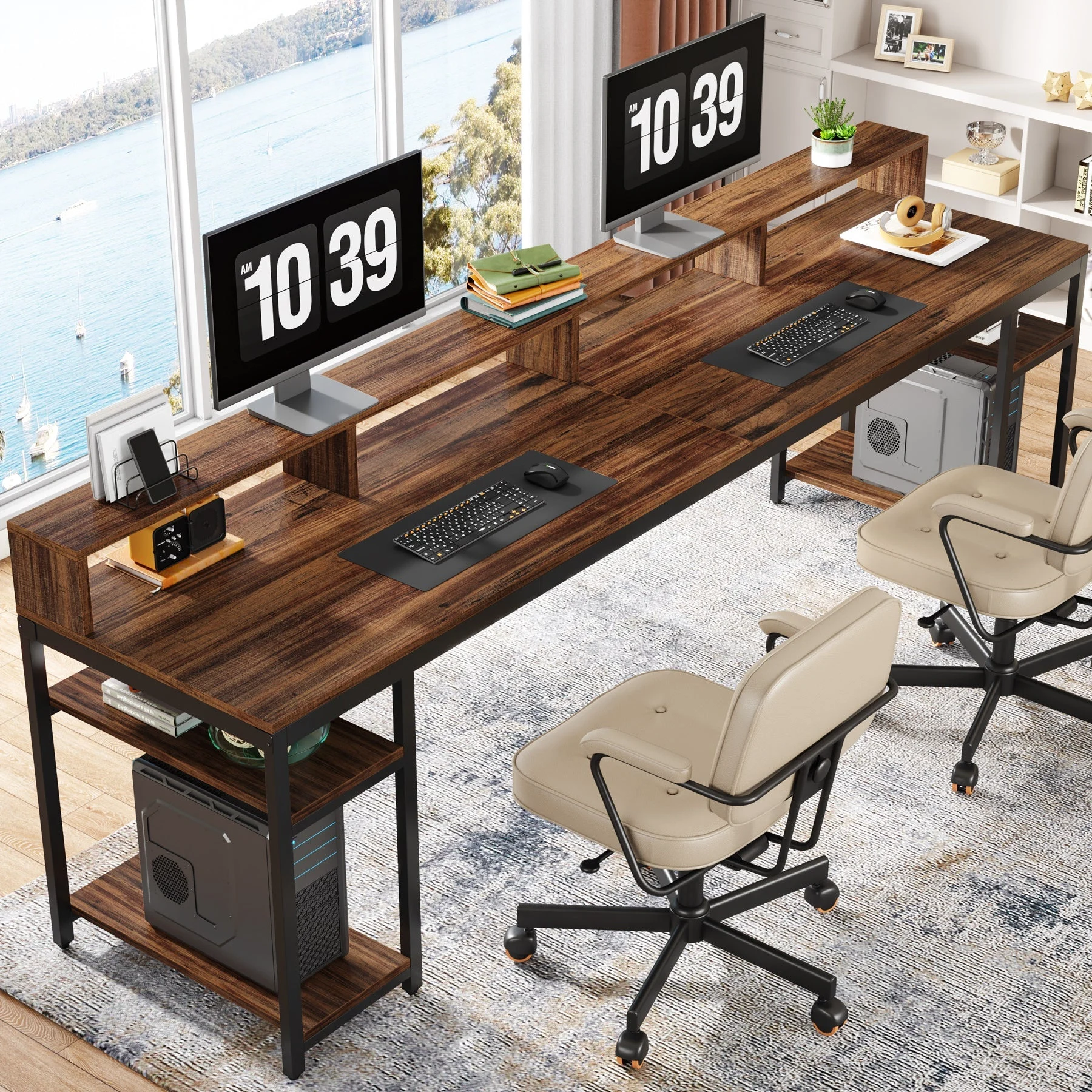Two Person Desk, 78.7" Computer Desk With Monitor Stand and 4 Open Shelf