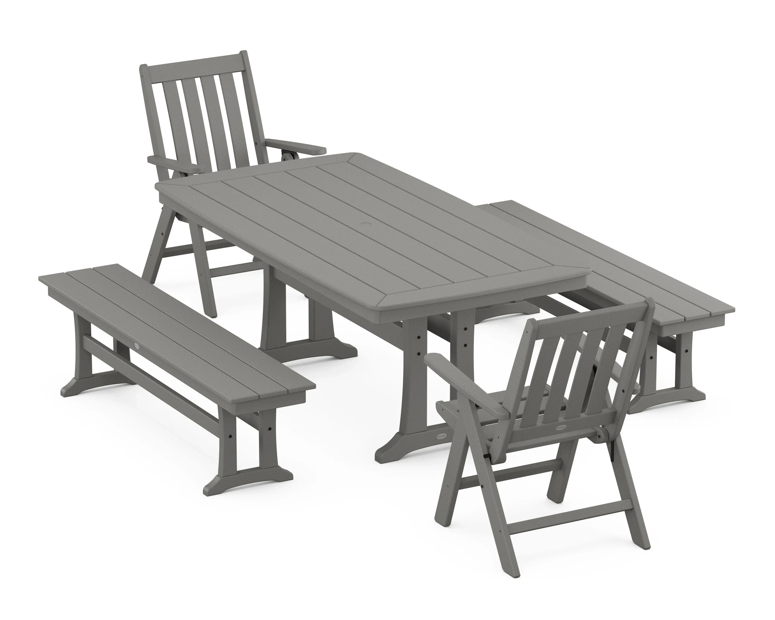 Vineyard Folding Chair 5-Piece Dining Set with Trestle Legs and Benches