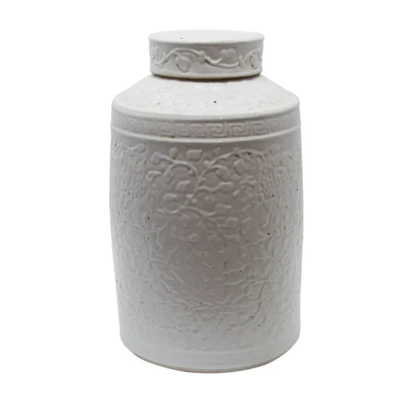 Vintage White Curly Vine Carving Tea Jar By Legends Of Asia