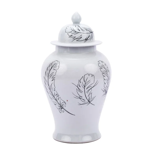 White Temple Jar With Black Feathers By Legends Of Asia