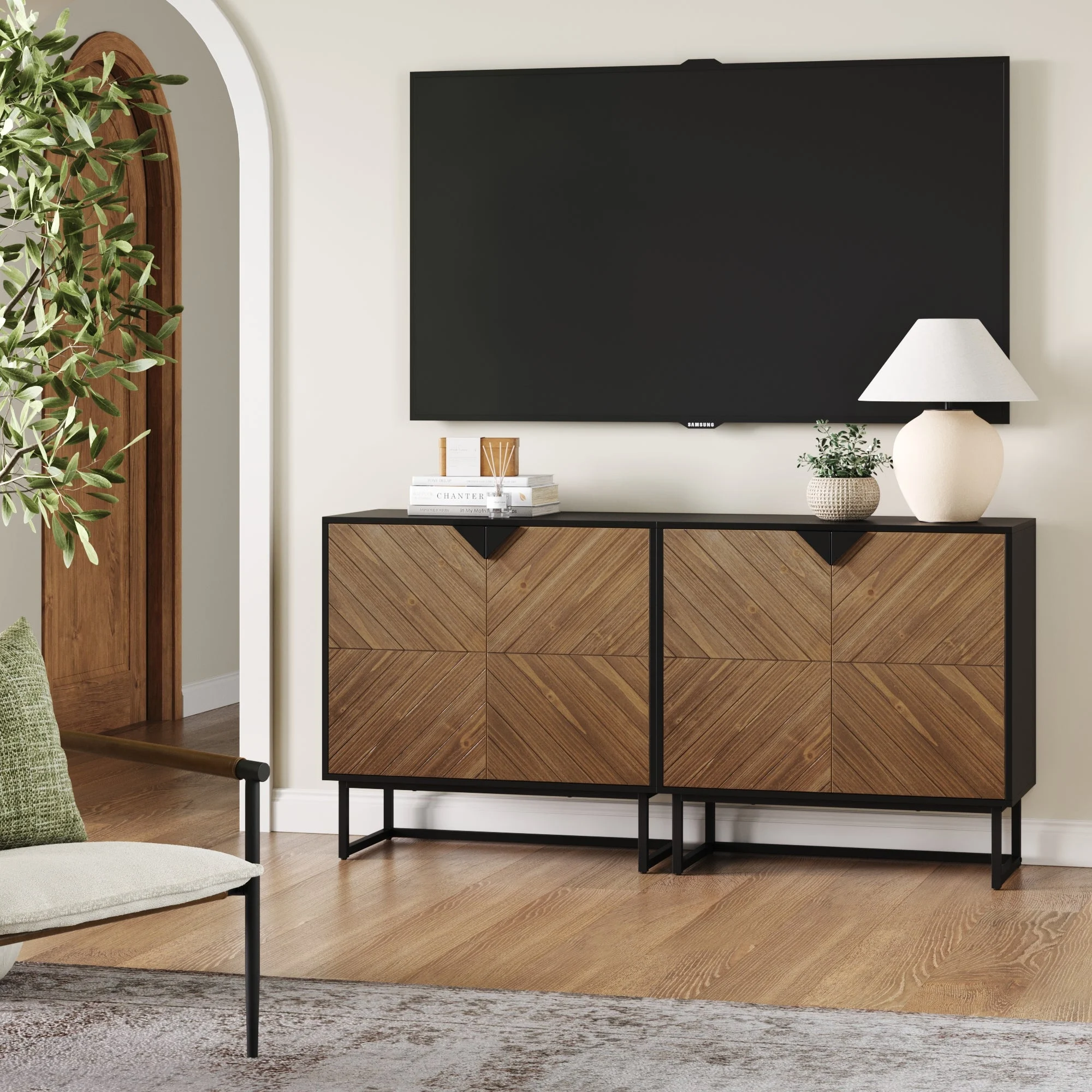 Wood 2-Door TV Console for TVs up to 65" Brushed Fir