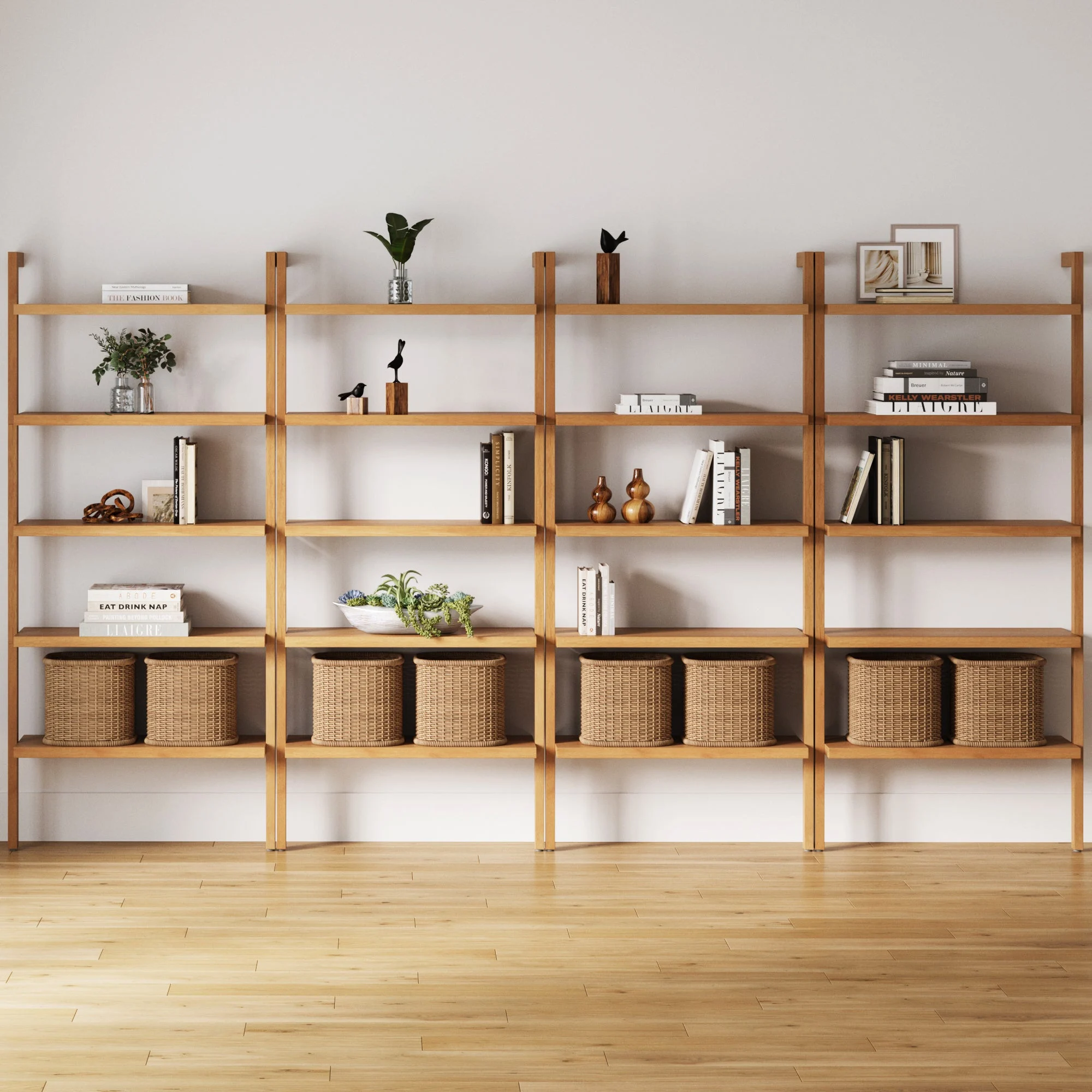 Wood 5-Shelf Ladder Wall Bookshelf Warm Pine (Set of 4)