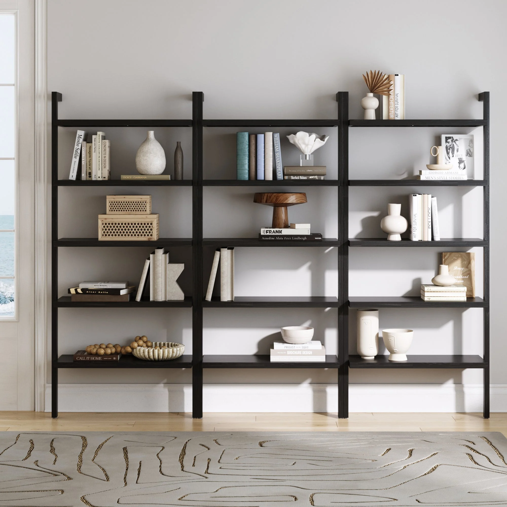 Wood 5 Tier Wall Mounted Bookshelf Black Oak (Set of 3)