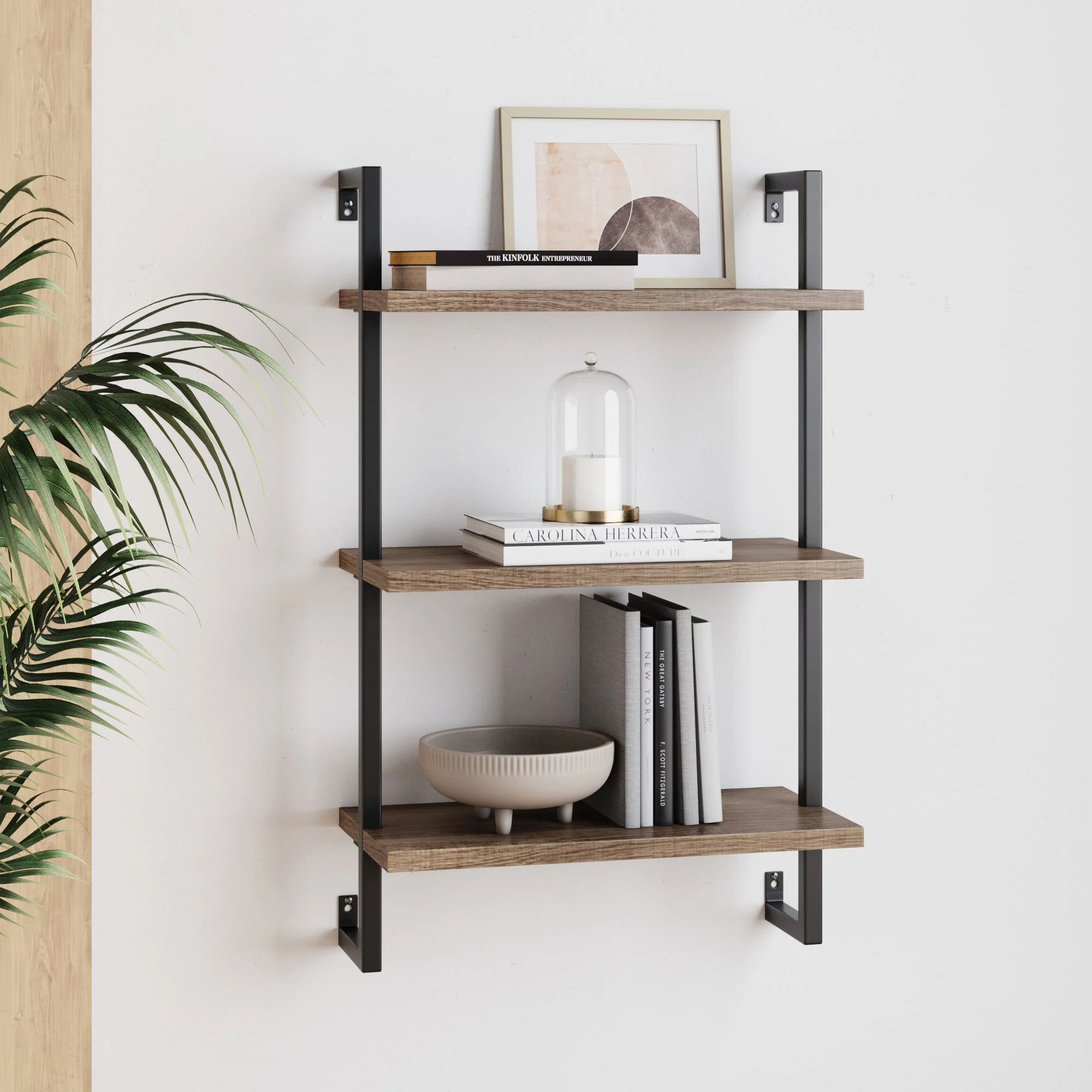 Wood & Metal 3-Shelf Floating Bookshelf Oak