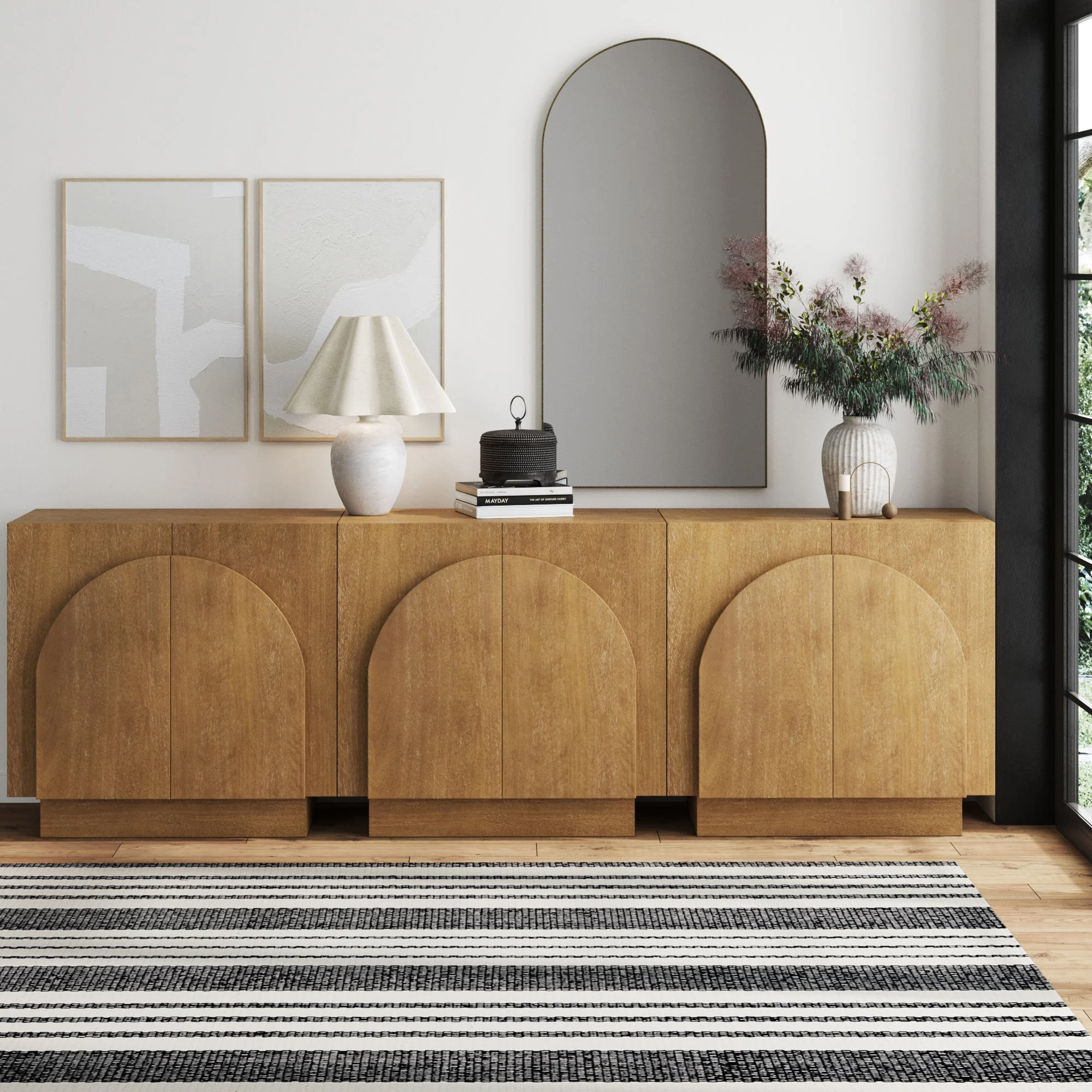 Wood Arched Kitchen Cabinet Credenza Light Brown (Set of 3)