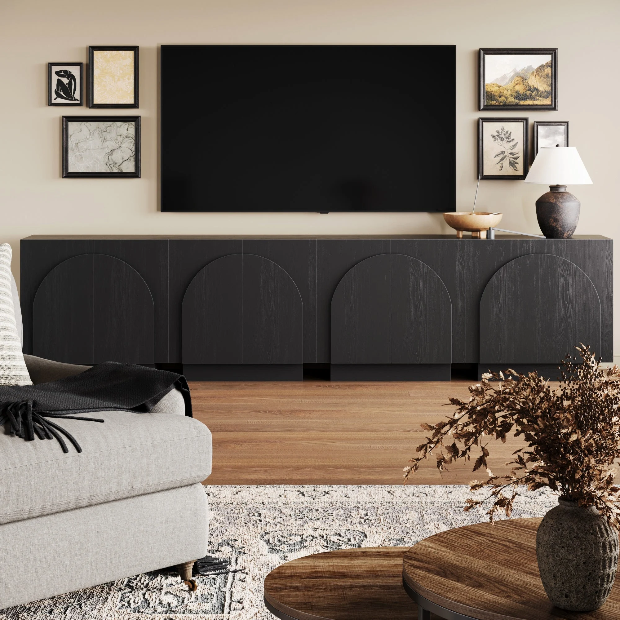 Wood Arched TV Console Stand for TVs up to 100" Black
