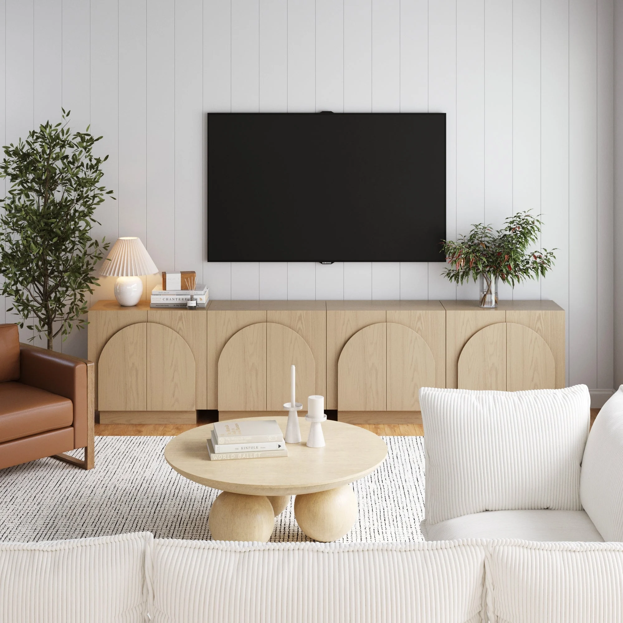 Wood Arched TV Console Stand for TVs up to 100" Gray Oak