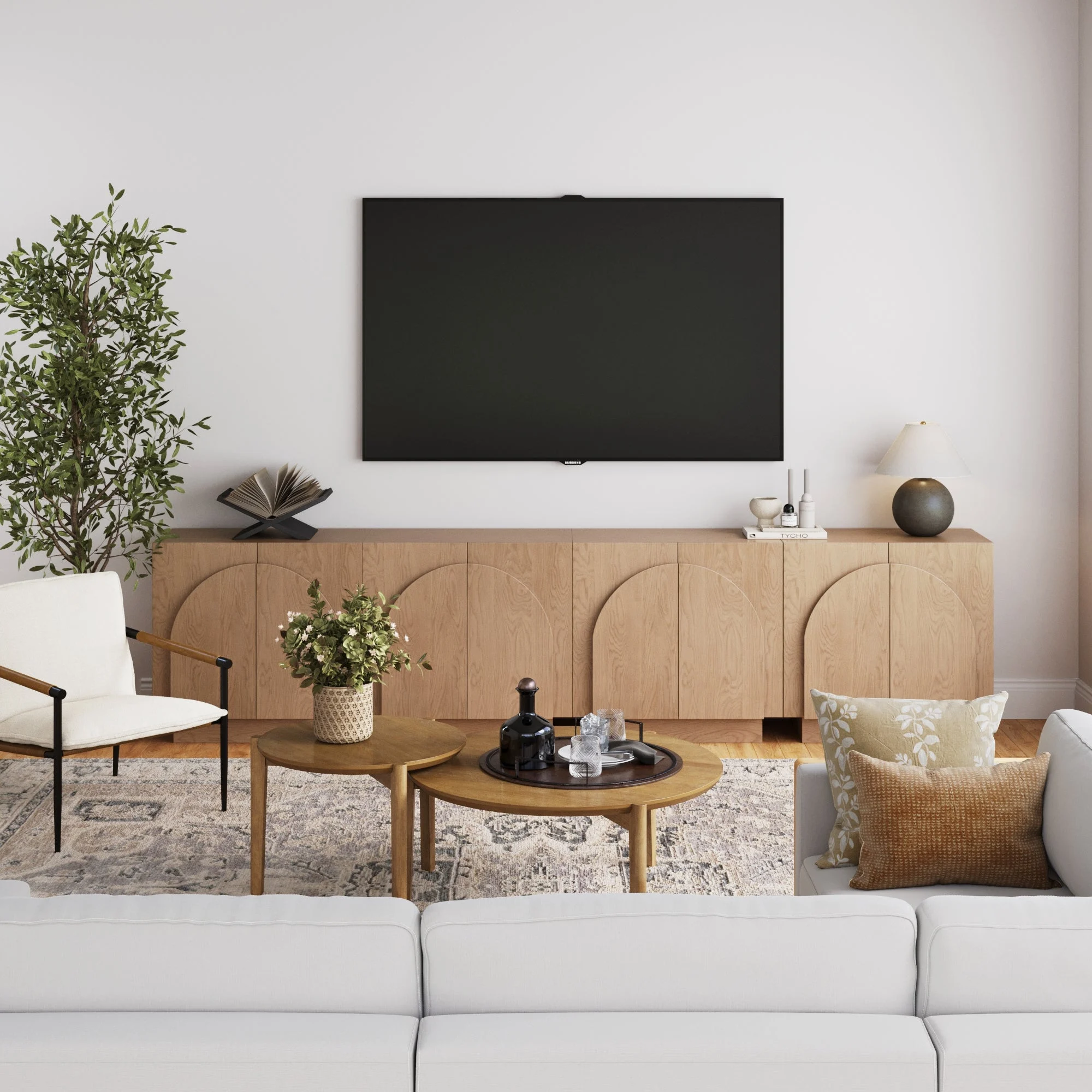 Wood Arched TV Console Stand for TVs up to 100" Oak