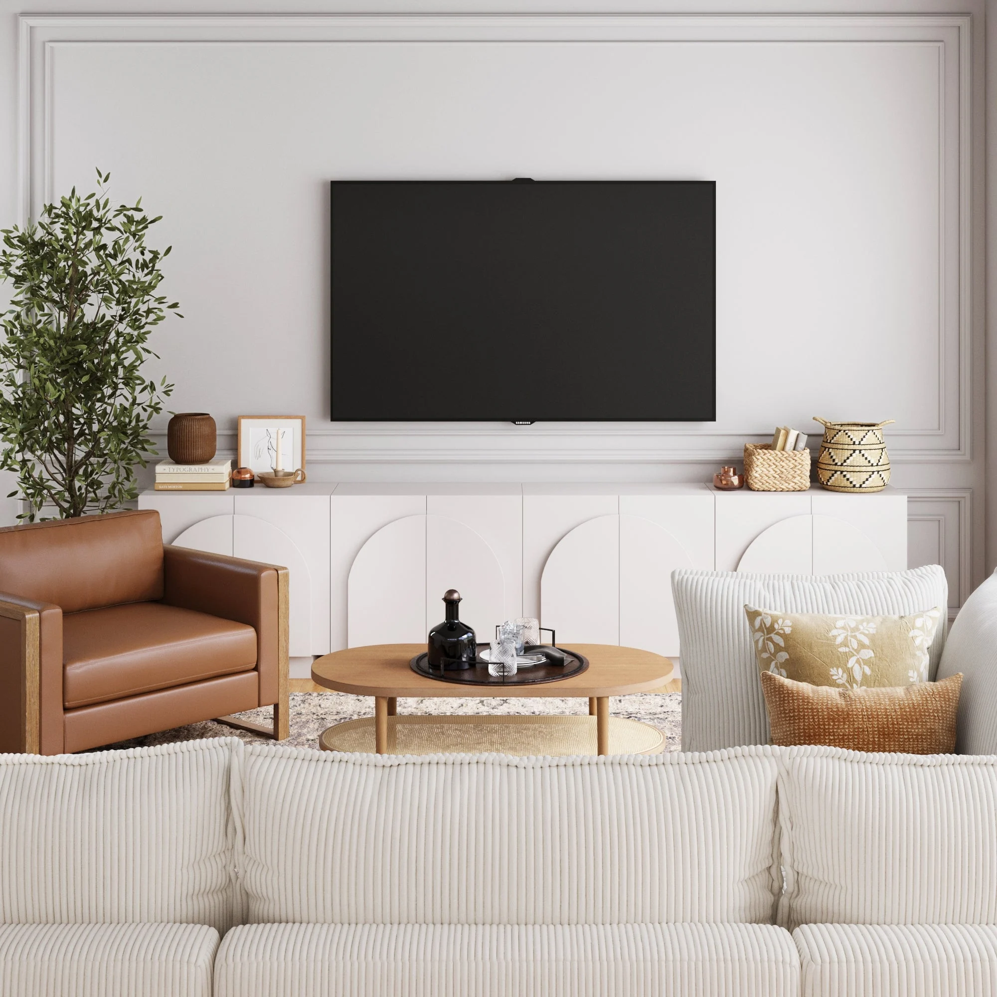 Wood Arched TV Console Stand for TVs up to 100" White