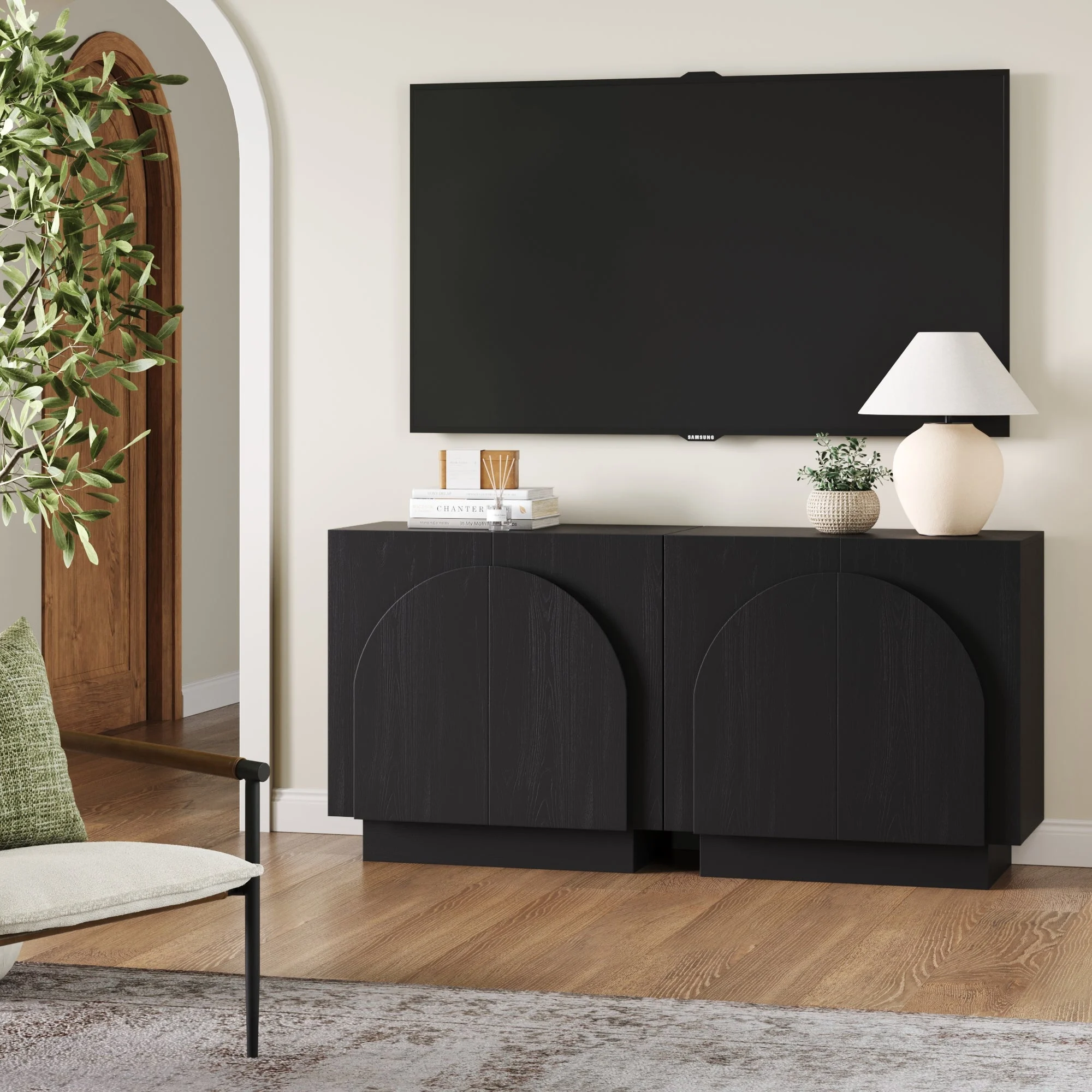 Wood Arched TV Console Stand for TVs up to 65" Black