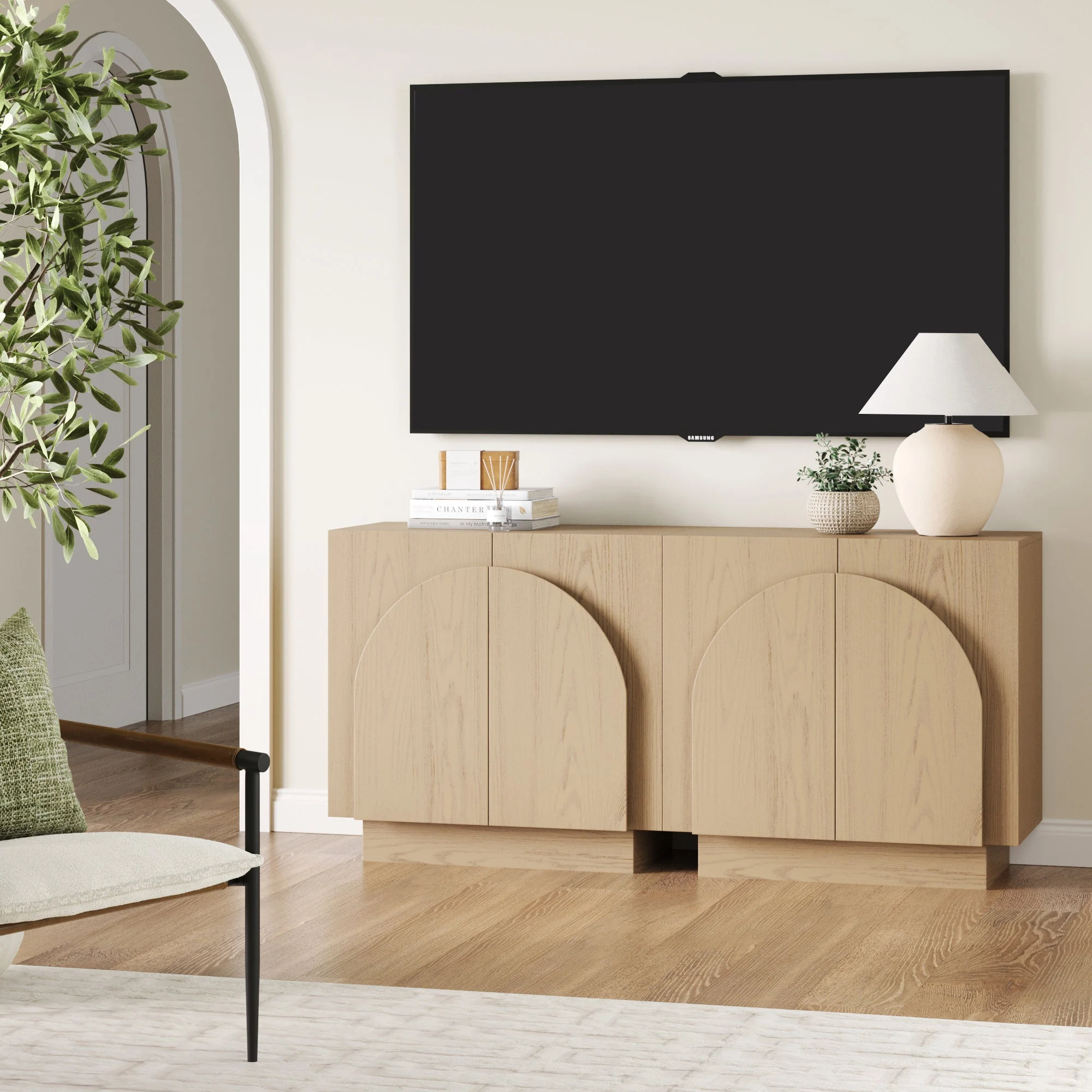 Wood Arched TV Console Stand for TVs up to 65" Gray Oak
