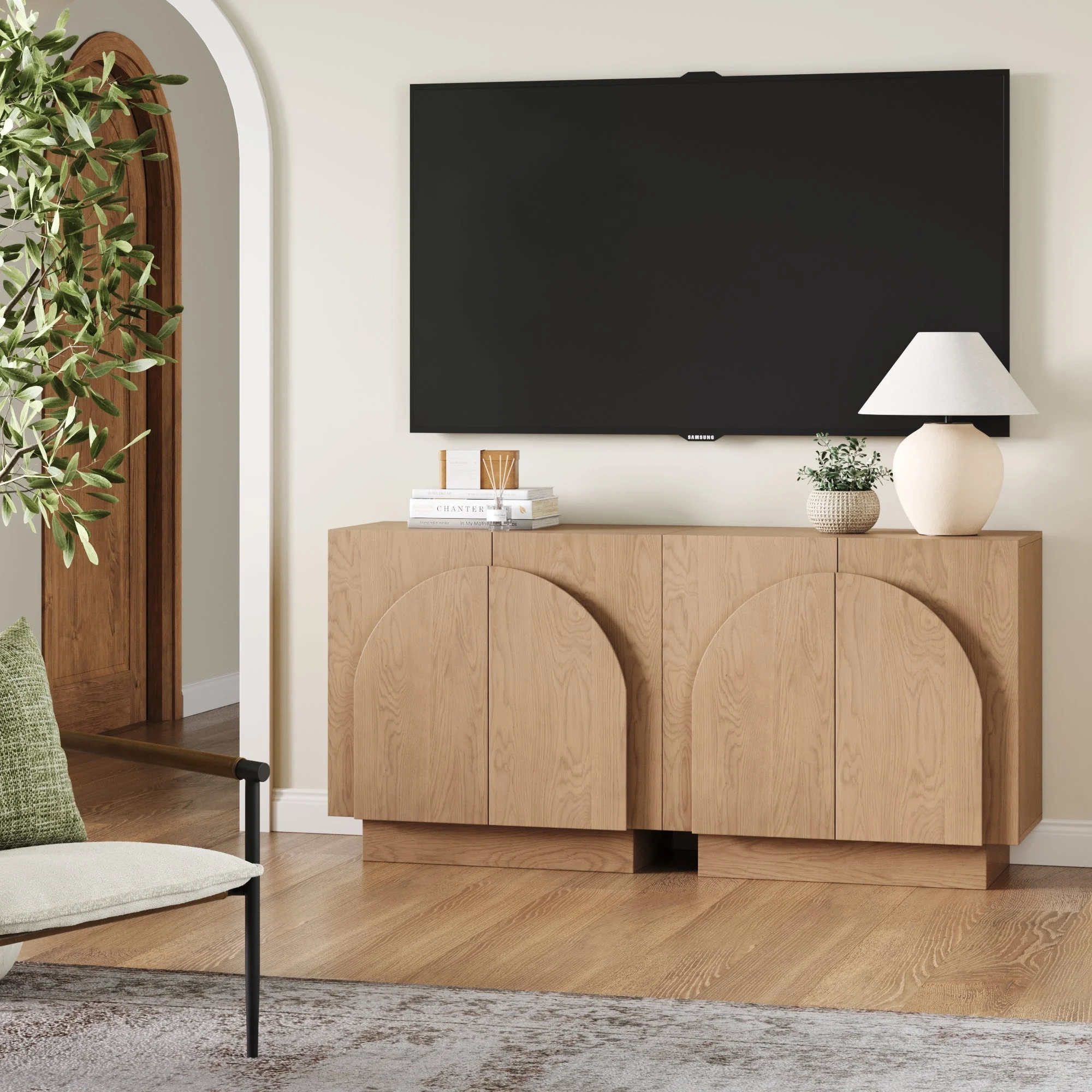 Wood Arched TV Console Stand for TVs up to 65" Oak