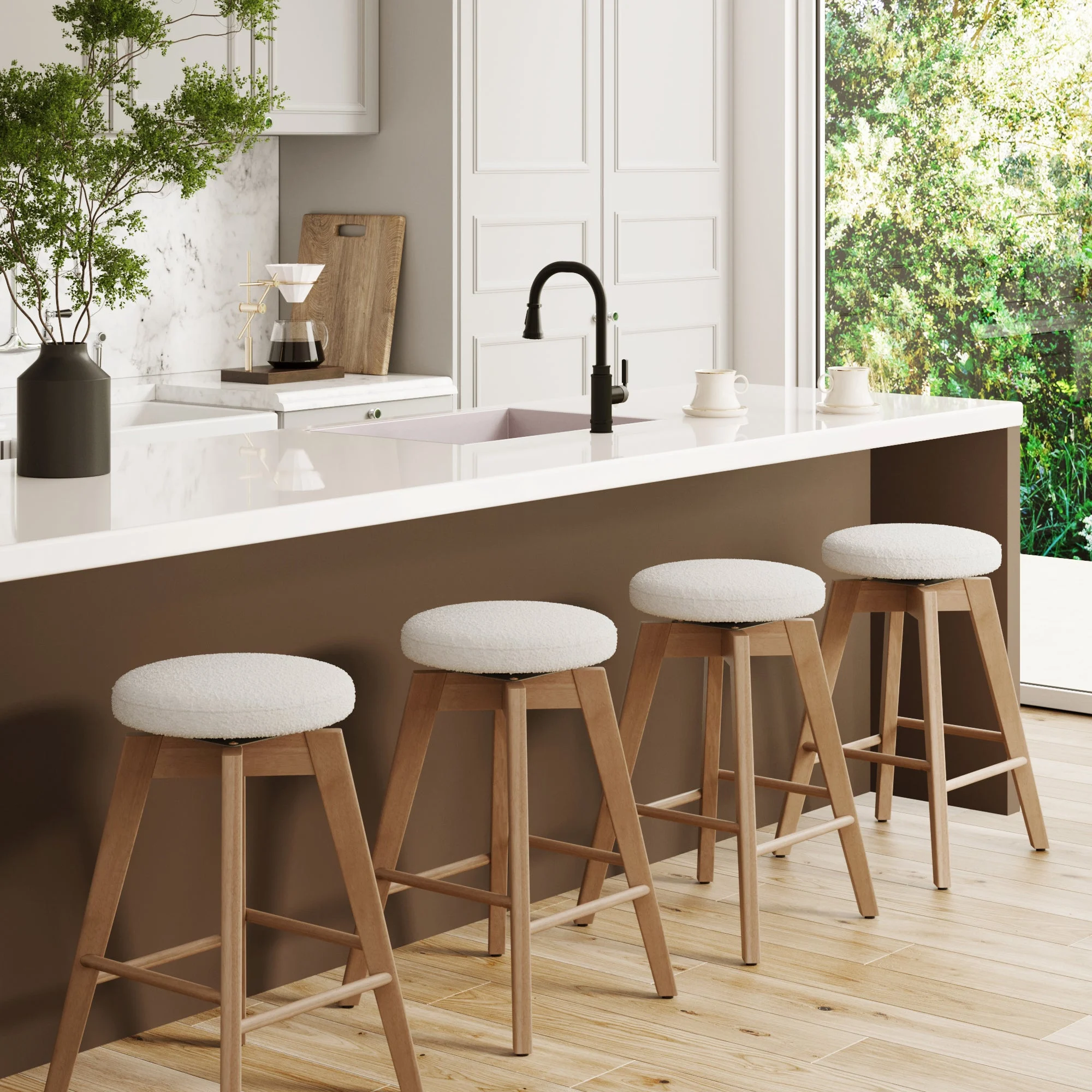 Wood Boucle Counter Height Swivel Counter Stool White Oak (Set of 4)