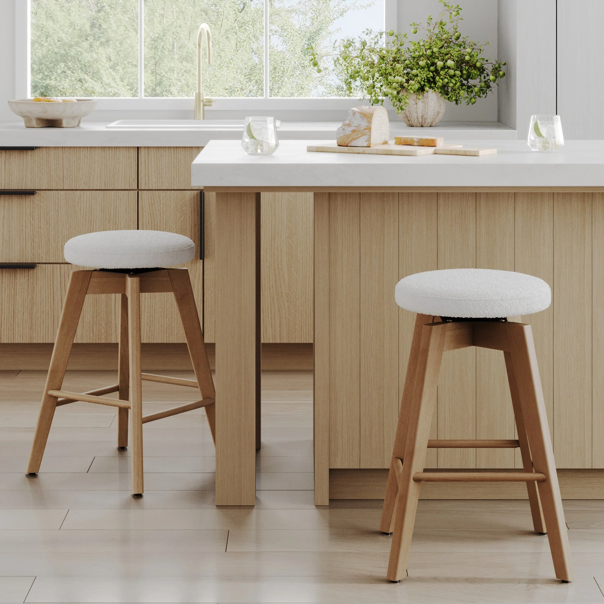 Wood Boucle Counter Height Swivel Counter Stool White Oak