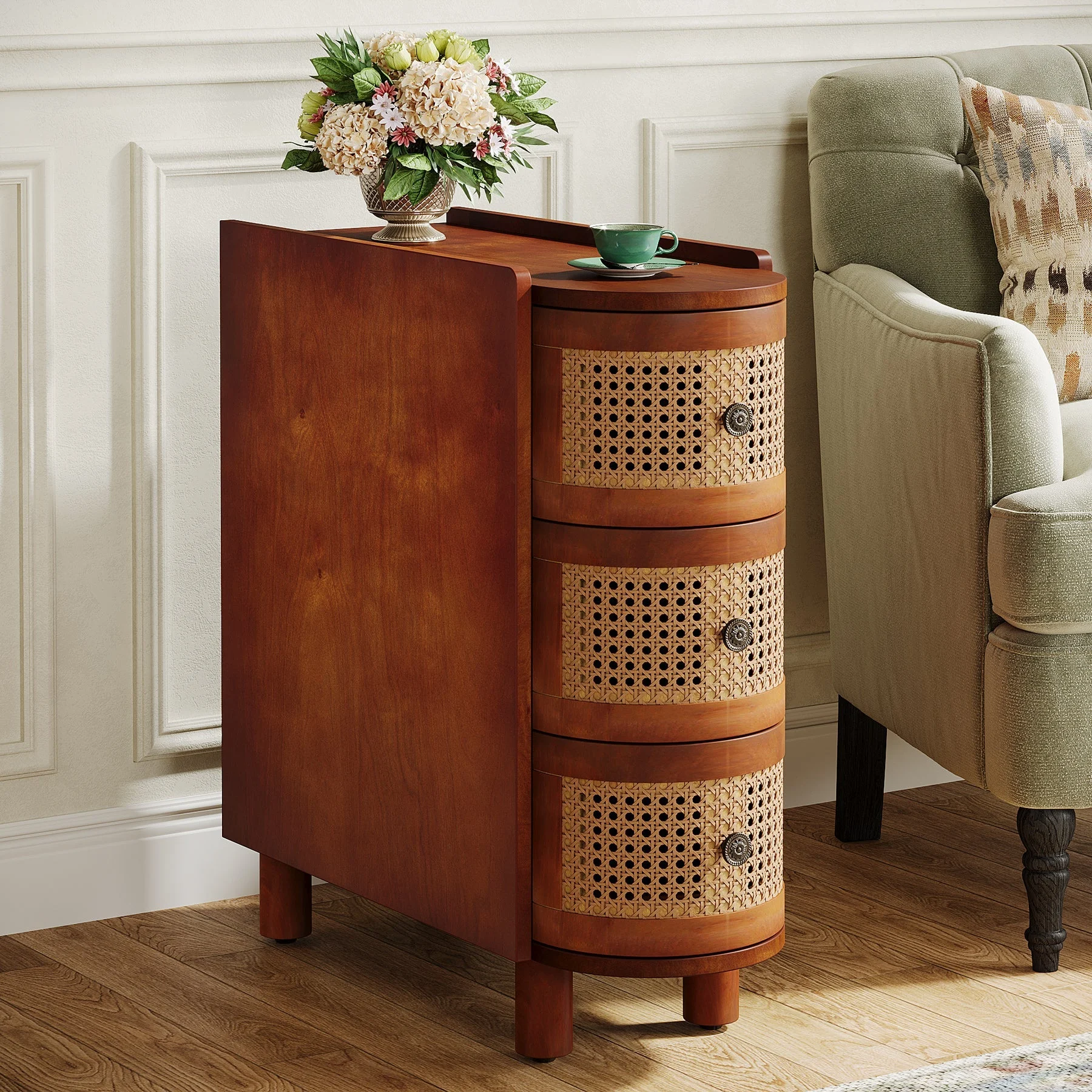 Wood End Table, 3-Drawer Side Table NightStand with 3 Rattan Drawers