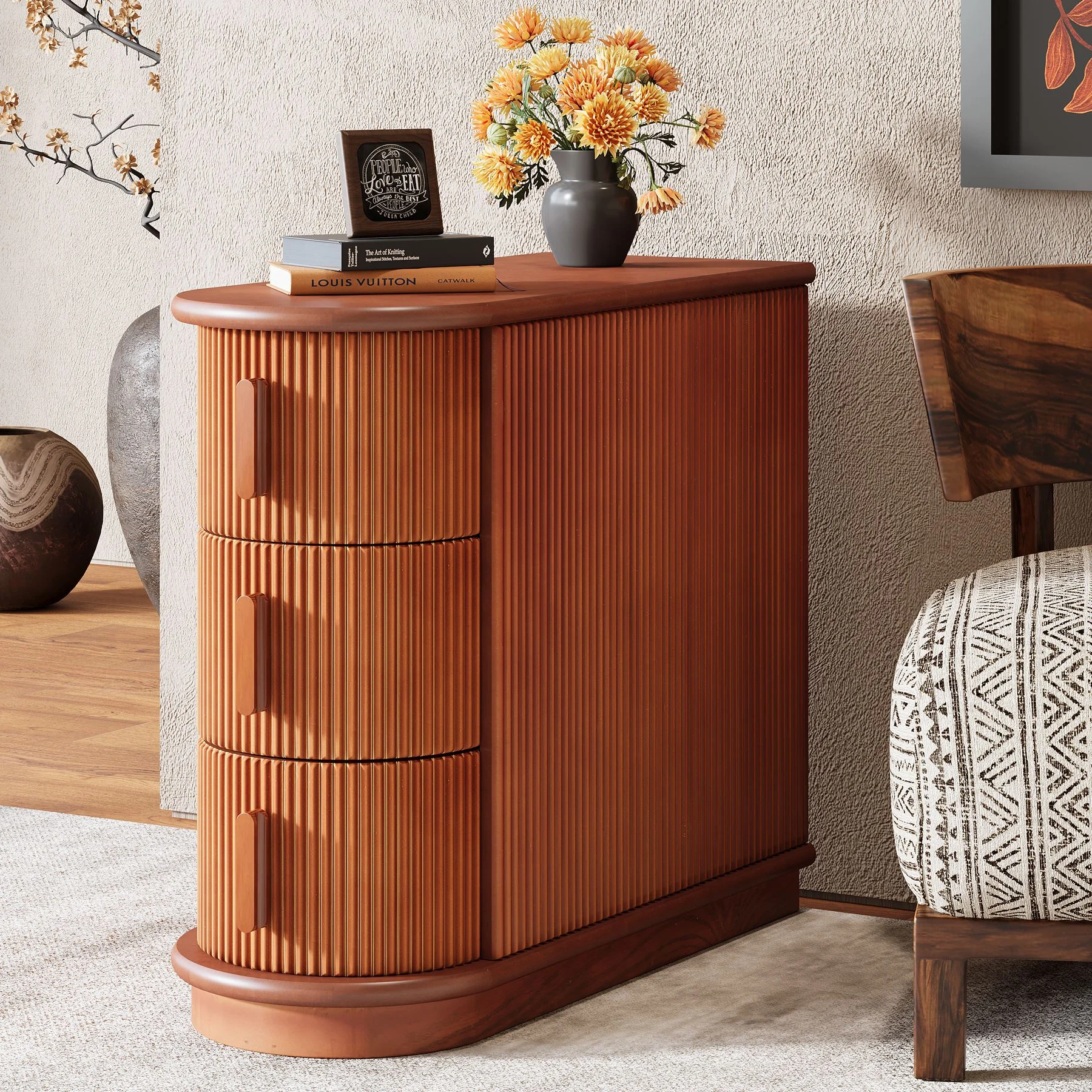 Wood End Table, Narrow Side Table Nightstand with 3-Drawer
