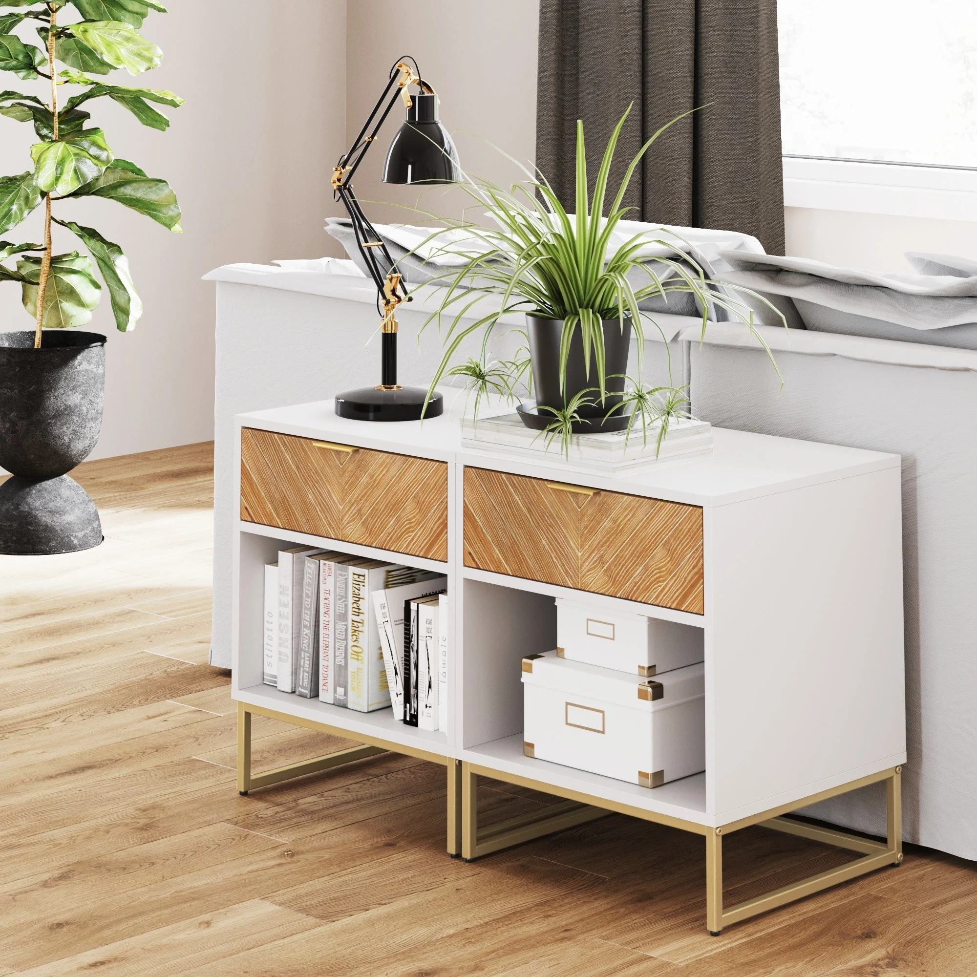 Wood Herringbone Nightstands Natural (Set of 2)