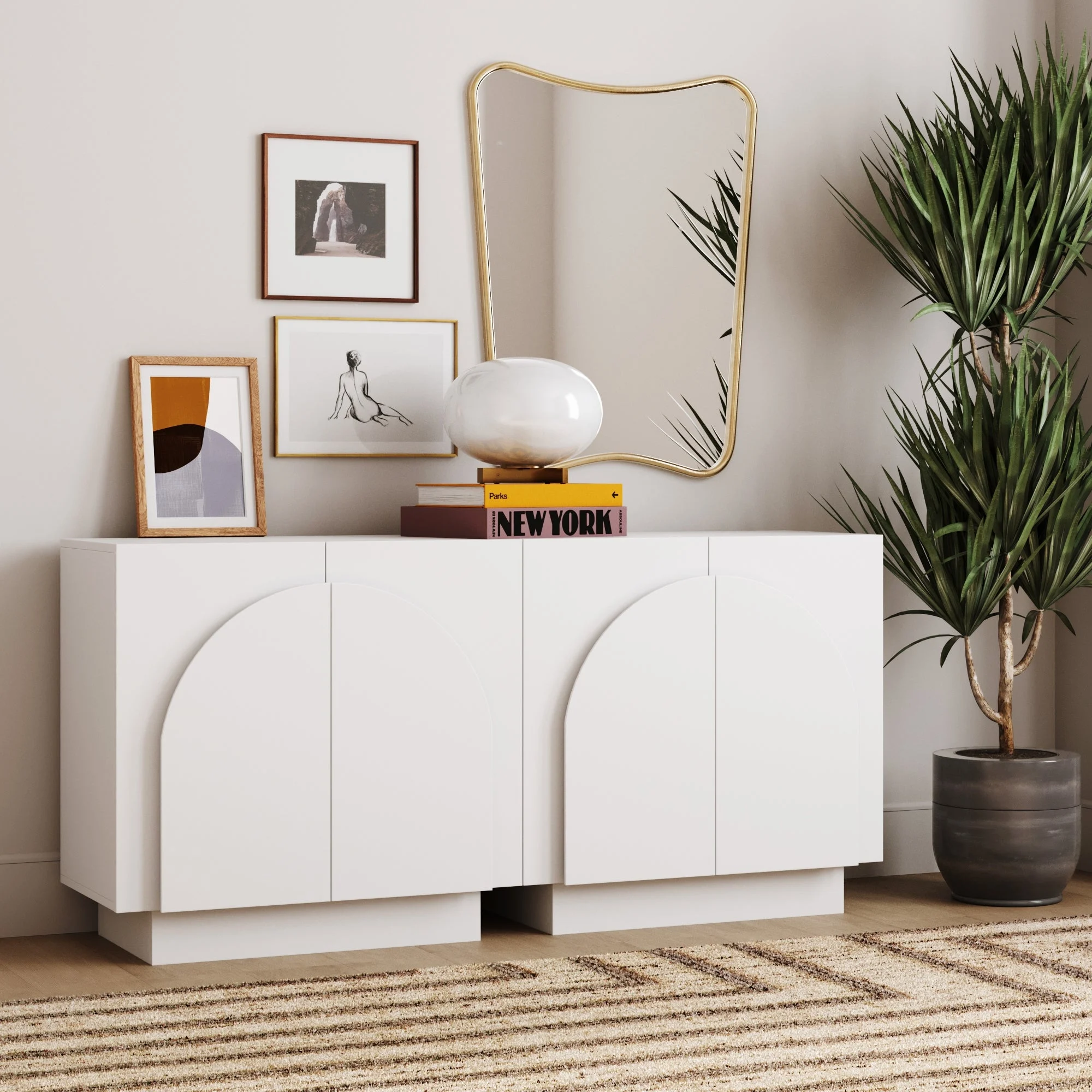 Wood Mid-Century Arched Cabinet Credenza White (2 Cabinets)