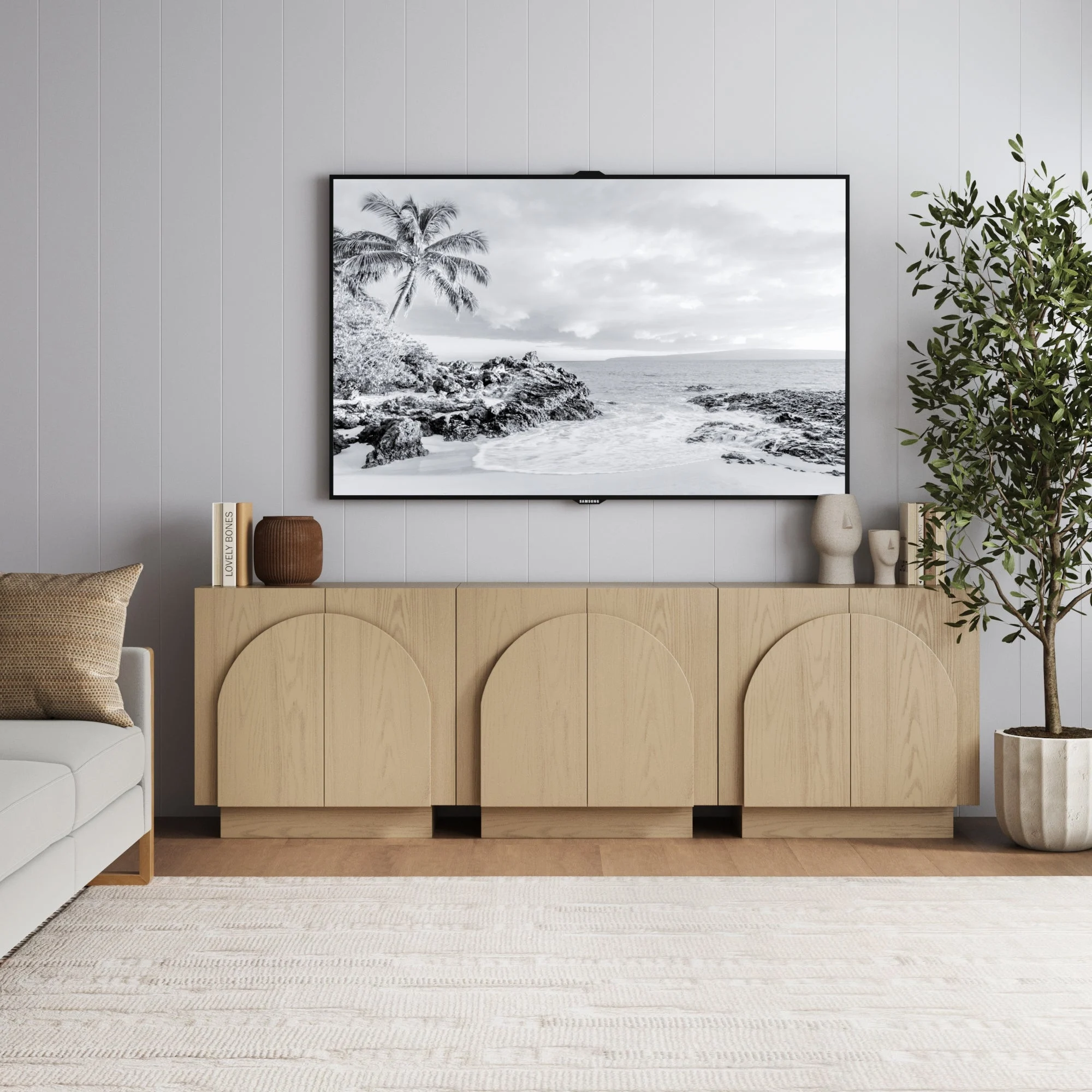 Wood Mid-Century Arched Storage Cabinet Credenza Gray Oak (Set of 3)