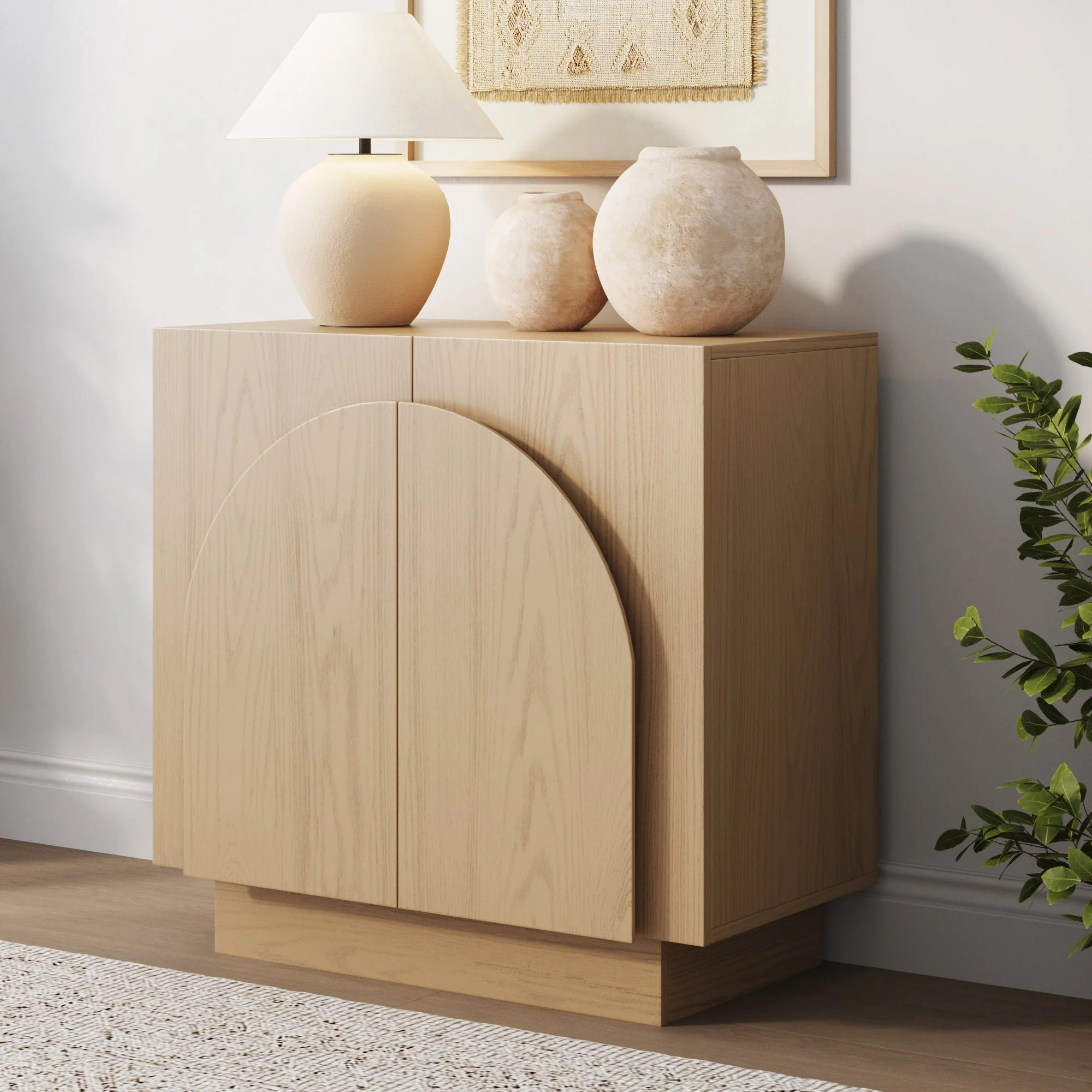 Wood Mid-Century Arched Storage Cabinet Gray Oak