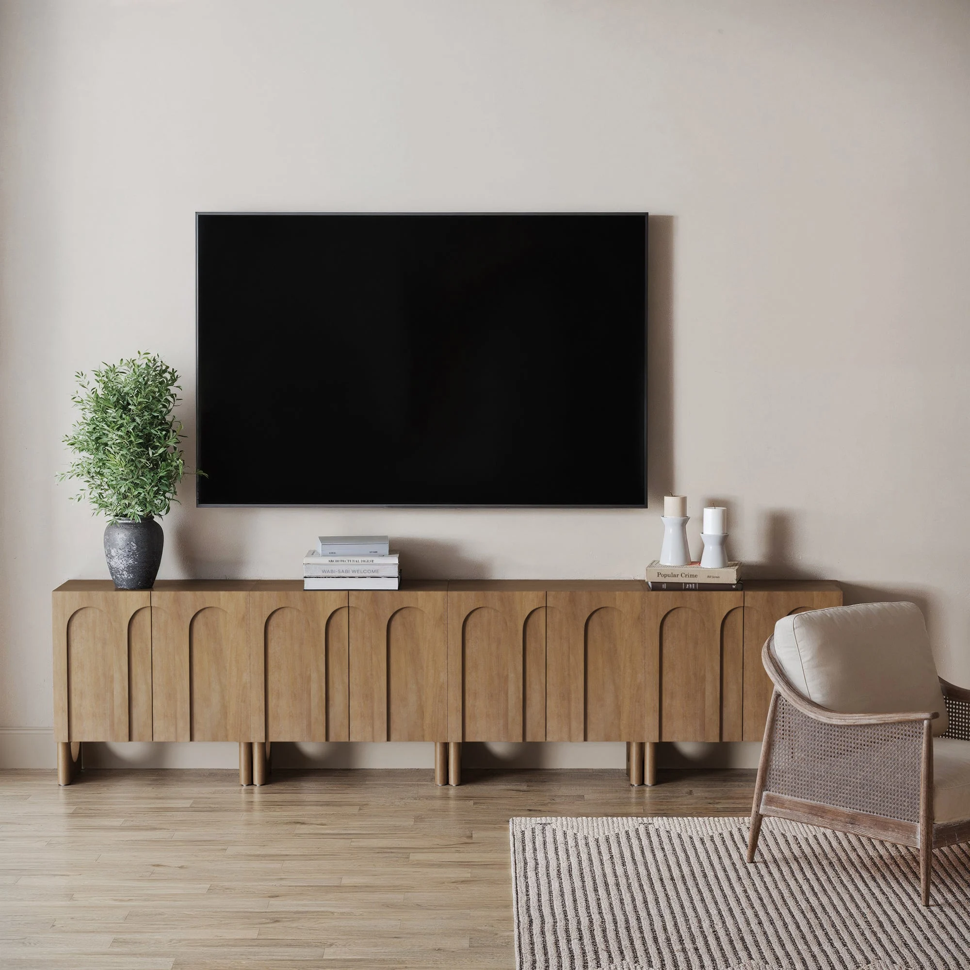 Wood Modular TV Console with Arched Doors for TVs up to 100" Light Brown